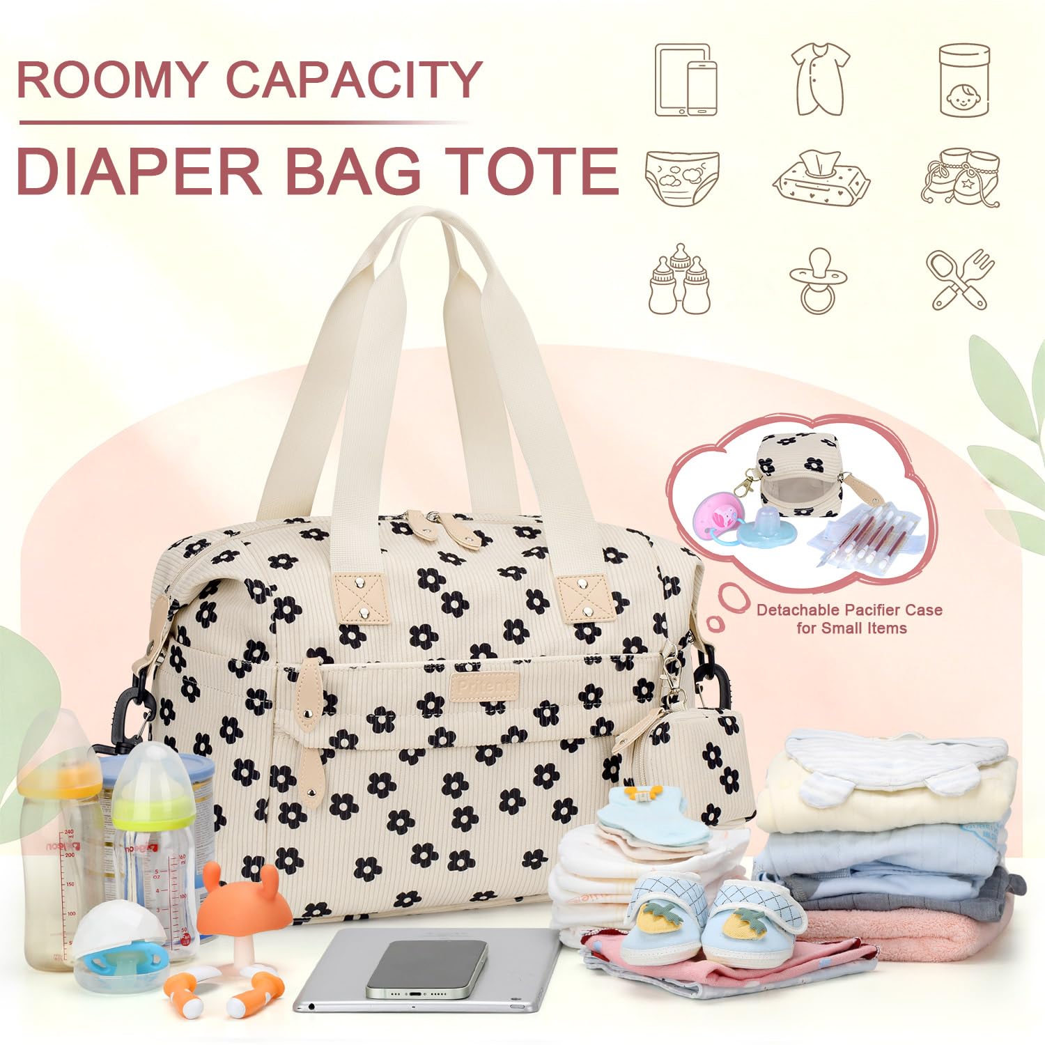Pritent Diaper Bag Tote Waterproof Maternity Baby Bags with Pacifier Case | M-Black,Removable Shoulder Strap, Stroller Clips,Insulated Pocket,for Mom & Dad, Travel, Maternity, Labor and Delivery