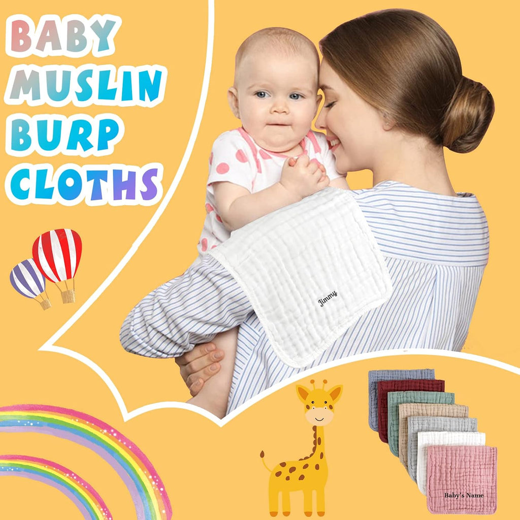 Personalized Muslin Burp Cloths 100% Cotton Baby Washcloths for Boy Girl Baby Essentials 6 Layers Extra Absorbent and Soft Baby Rags for Newborn Registry (20" X10")