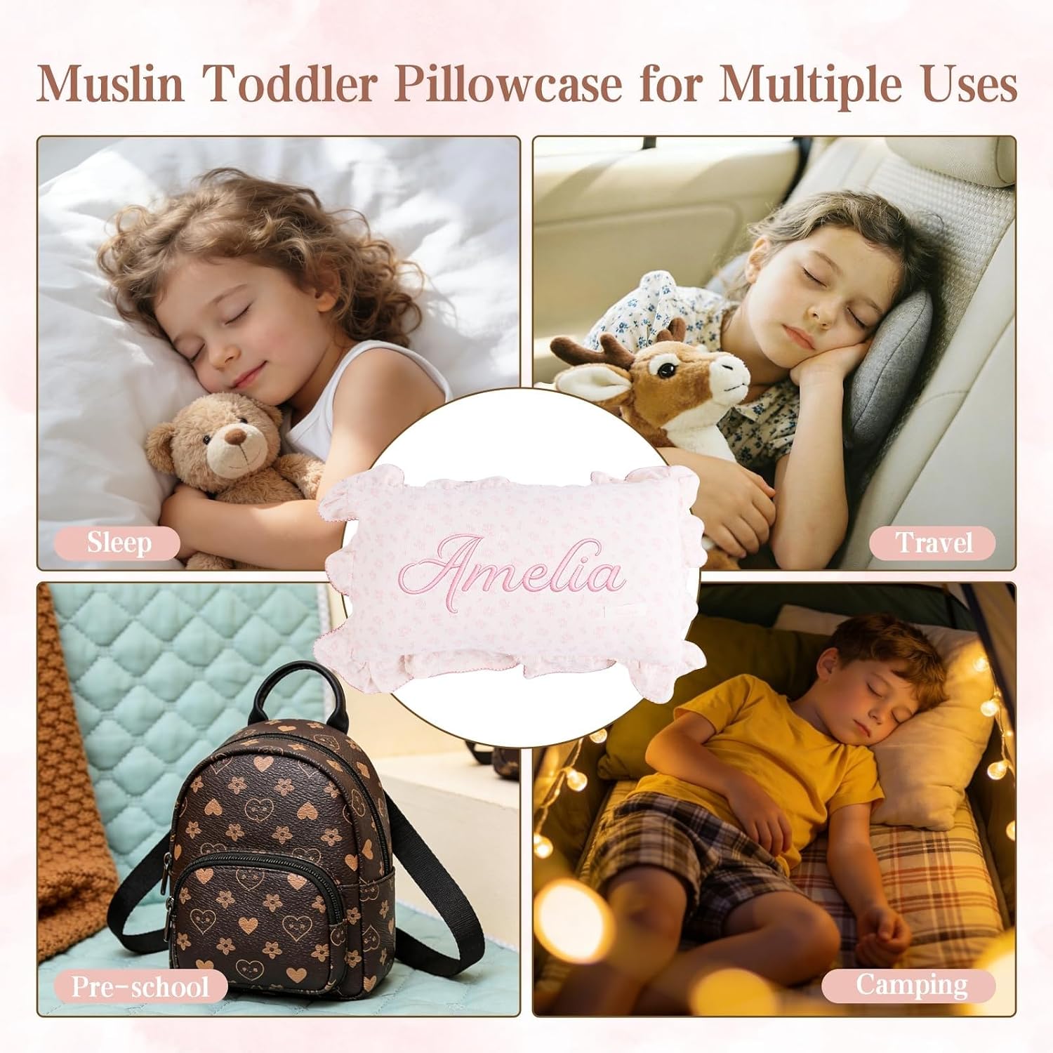Personalized Embroidered Muslin Toddler Pillowcase with Custom Name | 100% Cotton Ruffle Edge Baby Pillows Cover, Monogram Soft Pillow Case 12"x20" with Envelope Closure Gifts for Kids Boy Girls