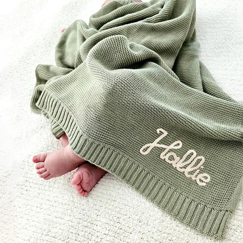 Luxury Personalized Name Baby Blanket, Hand-Embroidered Name Baby Blanket, Soft Breathable Cotton Knit Kids Blankets, Newborn Kid Gift, New Mom Gifts, Newborn Kids Girl & Boy Gift 10