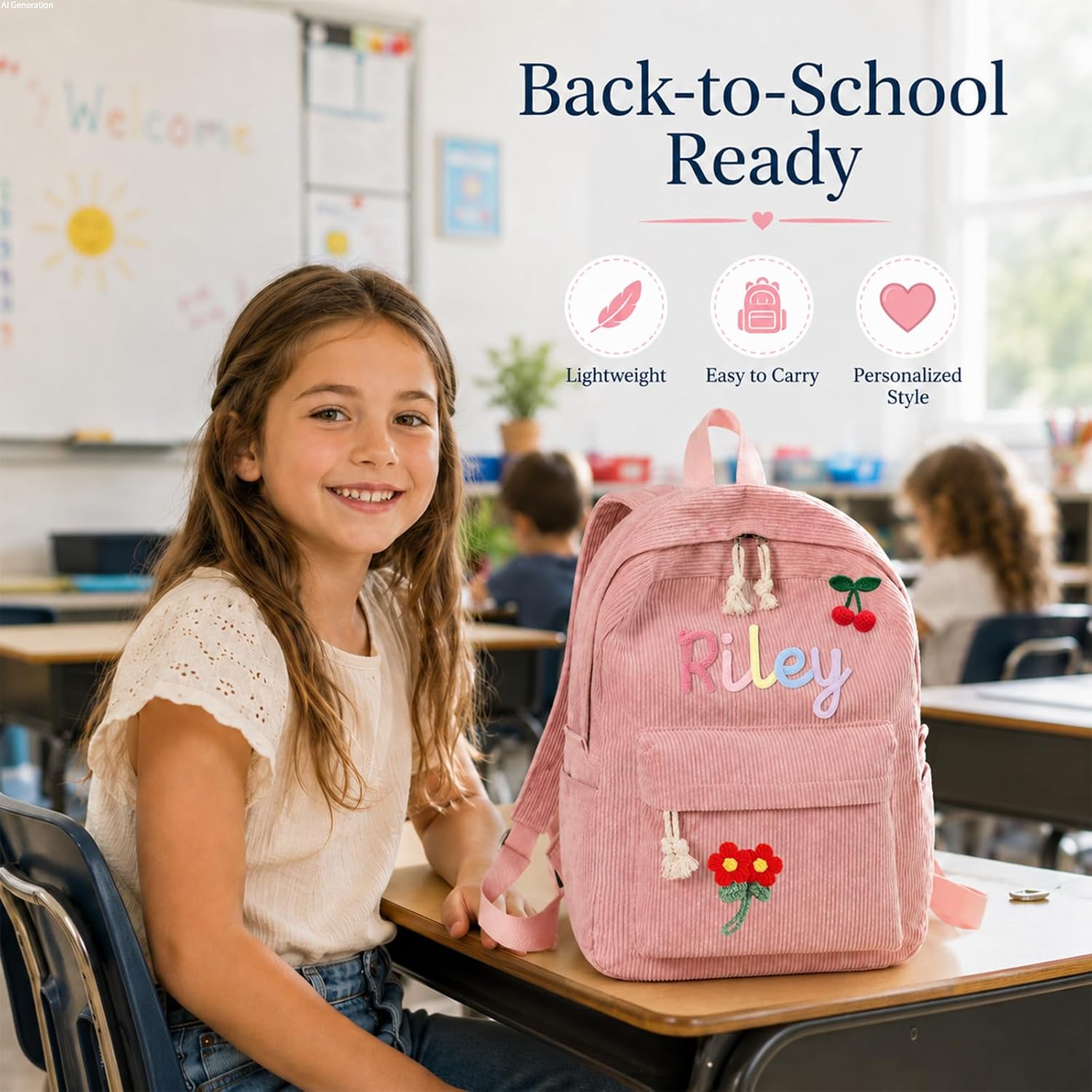 Personalized Kids Backpack, Custom Corduroy Backpack with Cotton Rope Name | Toddler Backpack for Girls Boys, Daycare Preschool Kindergarten Bag, Optional Lunch Bag & Pencil Case, Back to School Gift