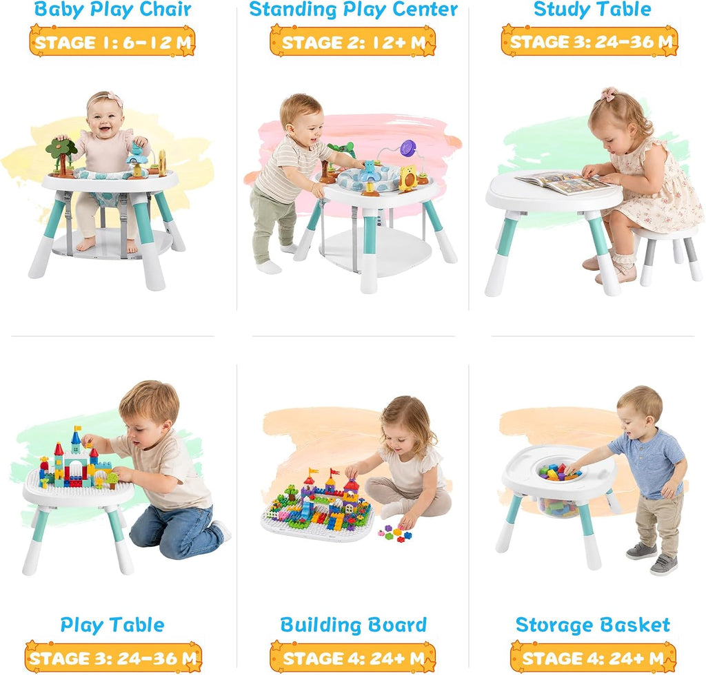 6-in-1 Baby Activity Center Stationary Standing Activity Table Light White | Grows 6-12-36M! 4-Stage Montessori Secure-Snap Toys & Hidden Storage. Enjoy 20-min Coffee Time While Toddler Plays Safely.
