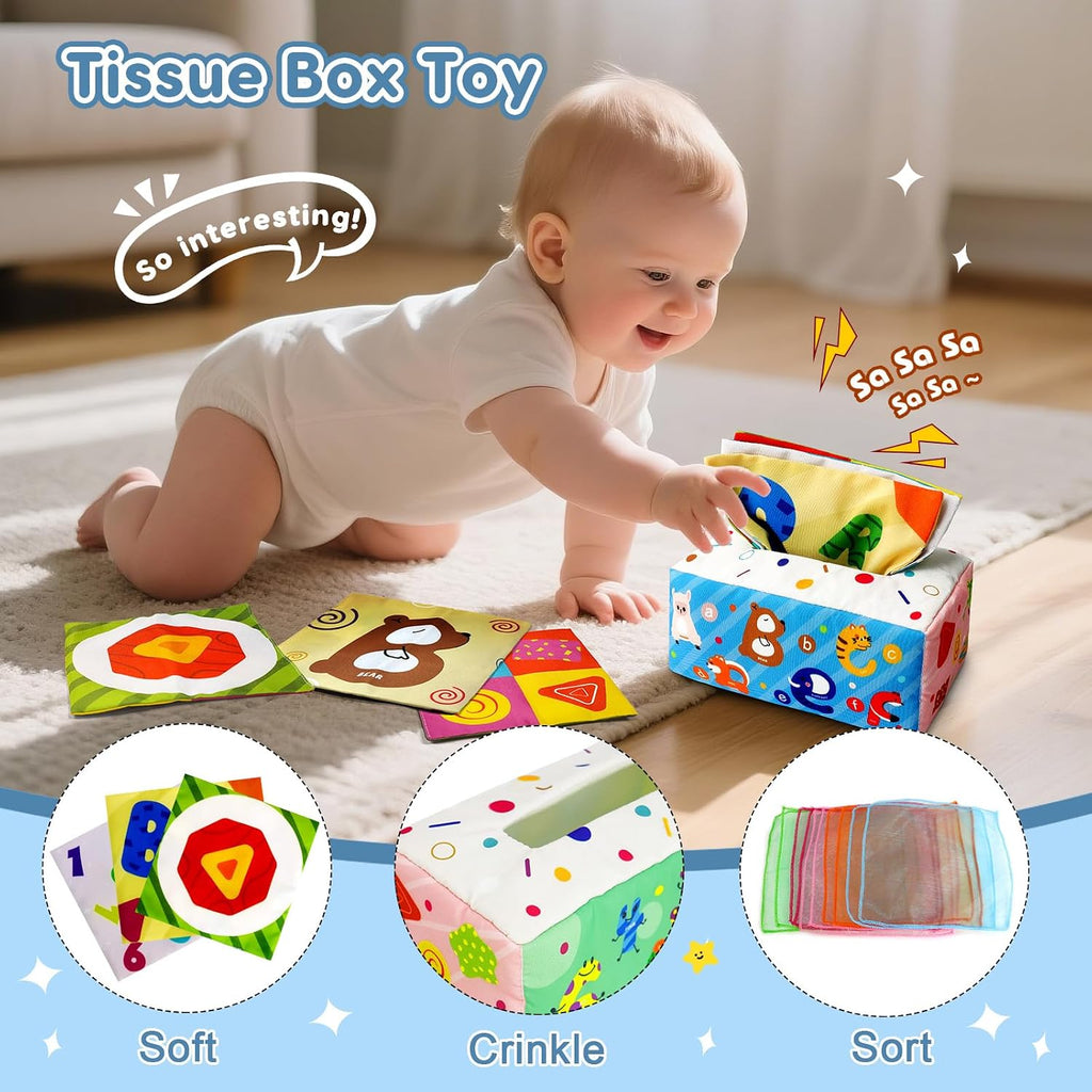 6 in 1 Montessori Baby Toys for 6-12 Months — Pull String Toy, Sensory Bin, Stacking Cups, Tissue Box, Suction Cup Spinner, Stacking Blocks, Infant Gift Set for 1-3 Year Old Boy Girls