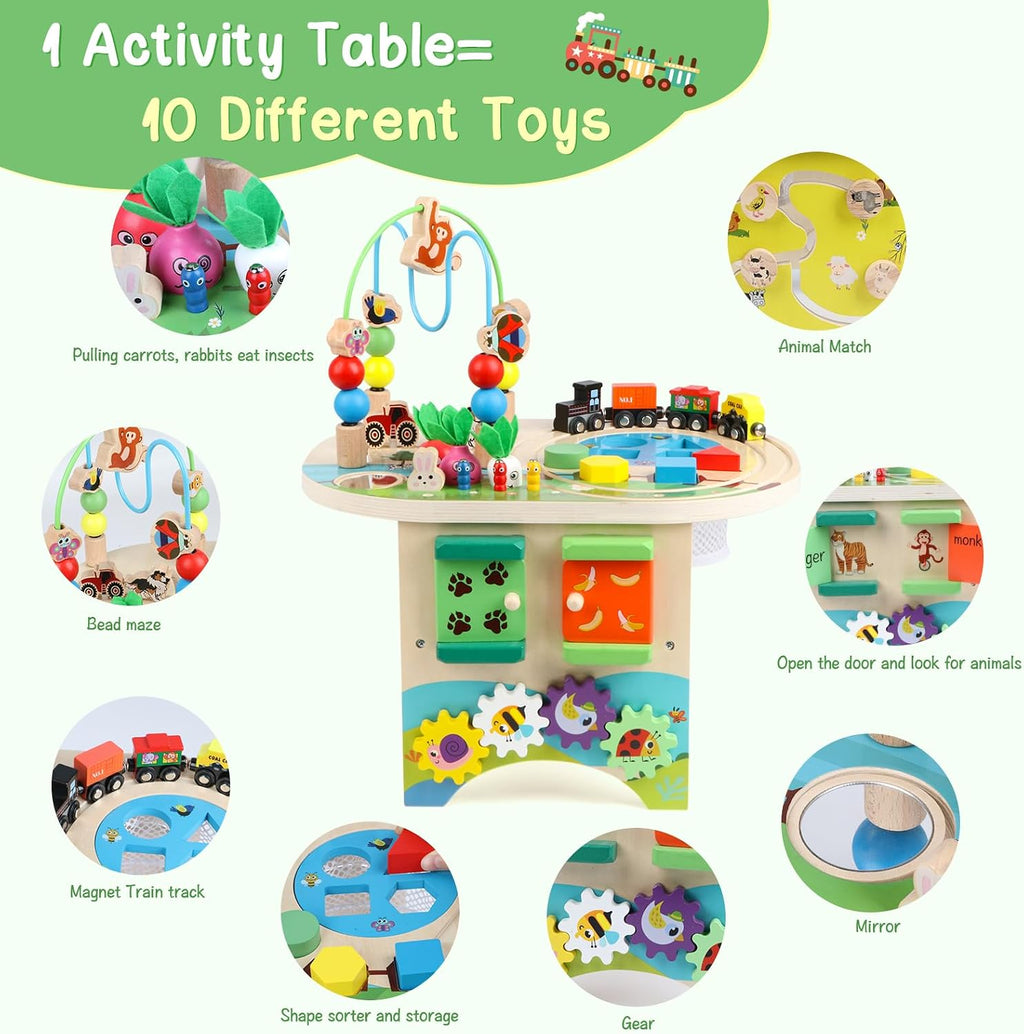 Activity Table for 1 Year Old Montessori Educational Learning Toys for 1 2 Year Old Girls Boys Toddlers Baby 12-18 Months 1st First Birthday Gifts 10 in 1 Wooden Bead Maze Sensory Center Toys