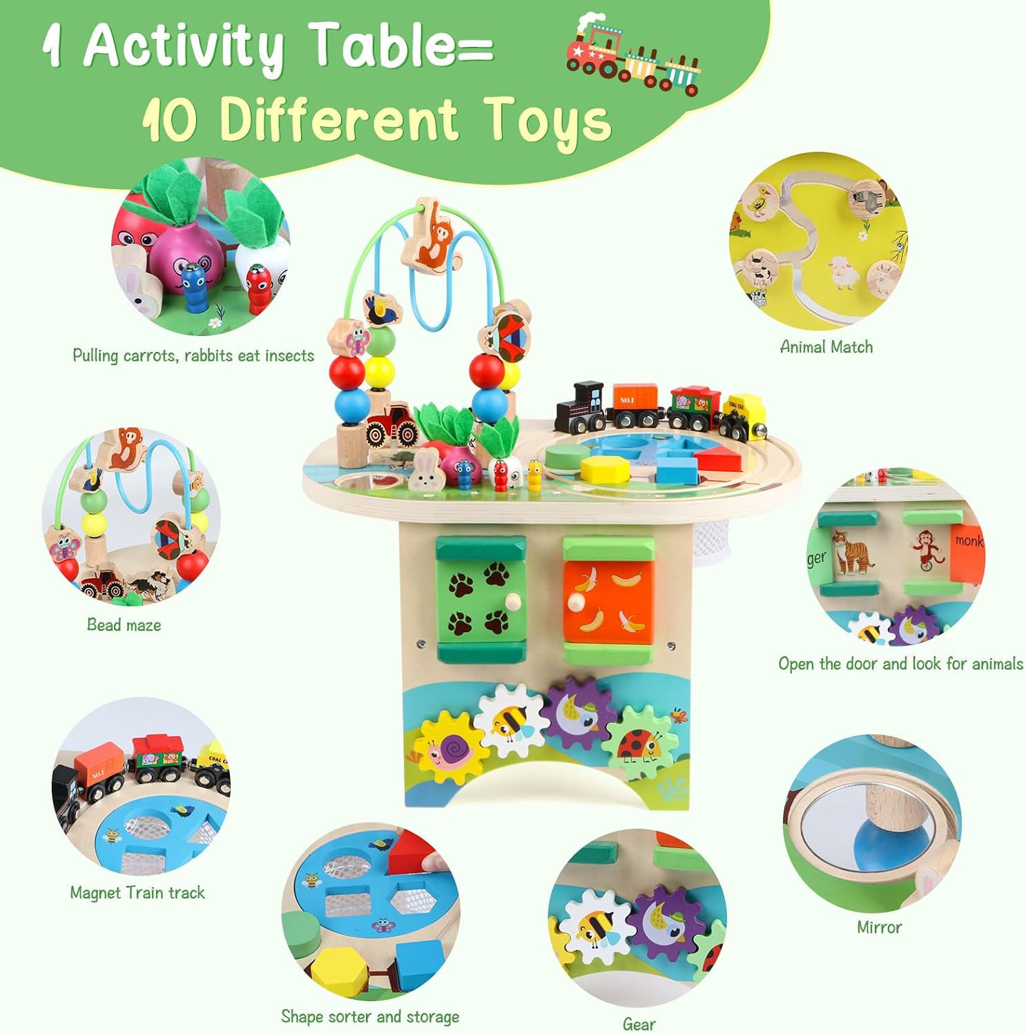 Activity Table for 1 Year Old Montessori Educational Learning Toys for 1 2 Year Old Girls Boys Toddlers Baby 12-18 Months 1st First Birthday Gifts 10 in 1 Wooden Bead Maze Sensory Center Toys