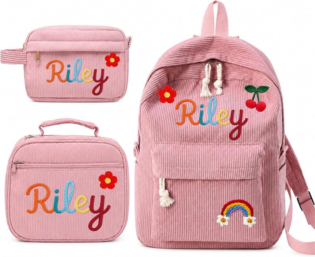 Personalized Kids Backpack, Custom Corduroy Backpack with Cotton Rope Name | Toddler Backpack for Girls Boys, Daycare Preschool Kindergarten Bag, Optional Lunch Bag & Pencil Case, Back to School Gift