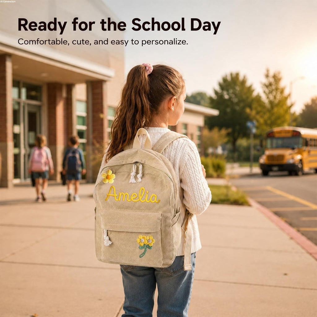 Personalized Kids Backpack, Custom Corduroy Backpack with Cotton Rope Name | Toddler Backpack for Girls Boys, Daycare Preschool Kindergarten Bag, Optional Lunch Bag & Pencil Case, Back to School Gift