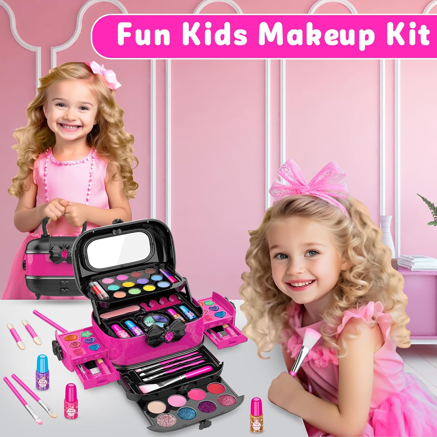 Hollyhi 58 Pcs Kids Makeup Toys Kit for Girls, Real Washable Make Up Set