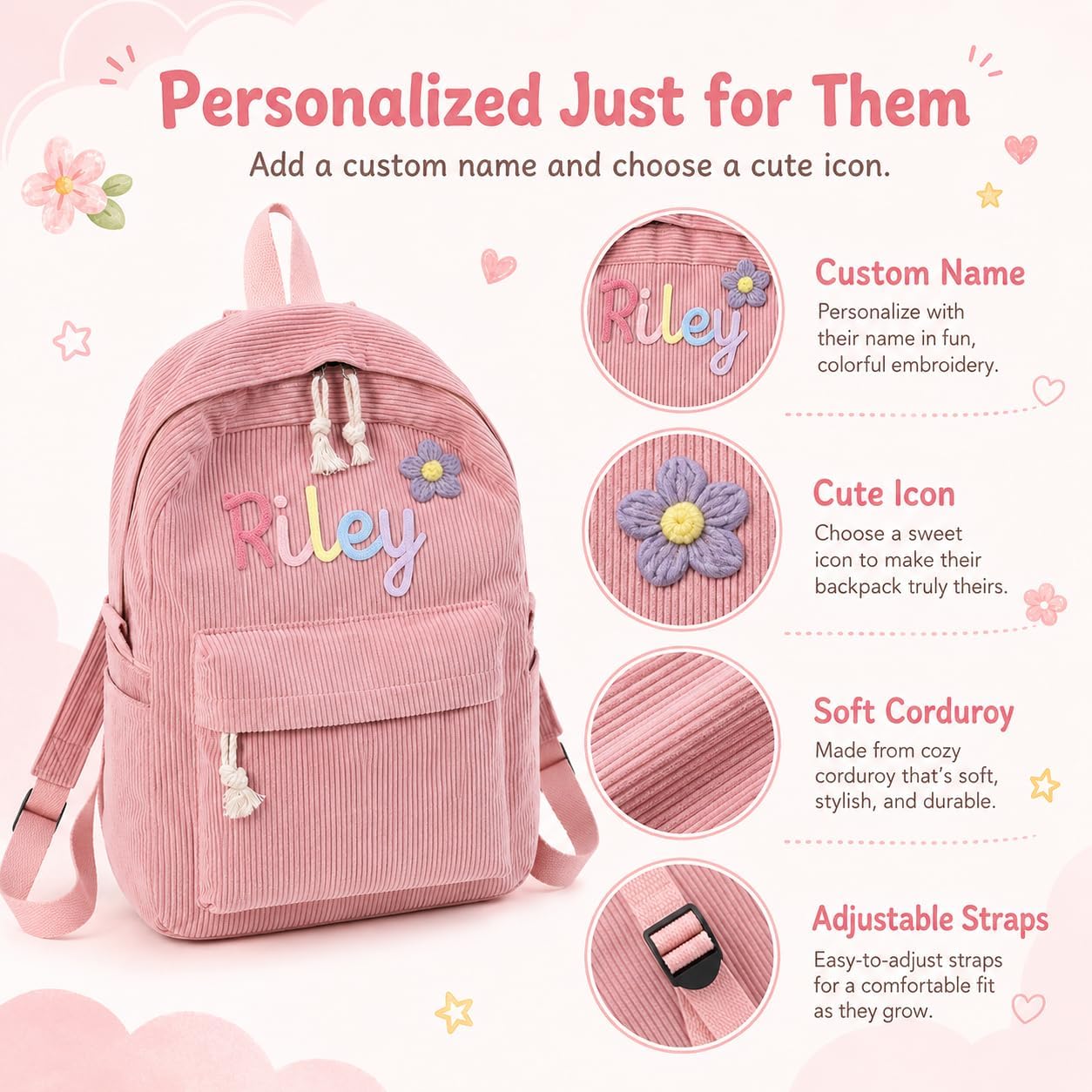 Personalized Kids Backpack, Custom Corduroy Backpack with Cotton Rope Name | Toddler Backpack for Girls Boys, Daycare Preschool Kindergarten Bag, Optional Lunch Bag & Pencil Case, Back to School Gift