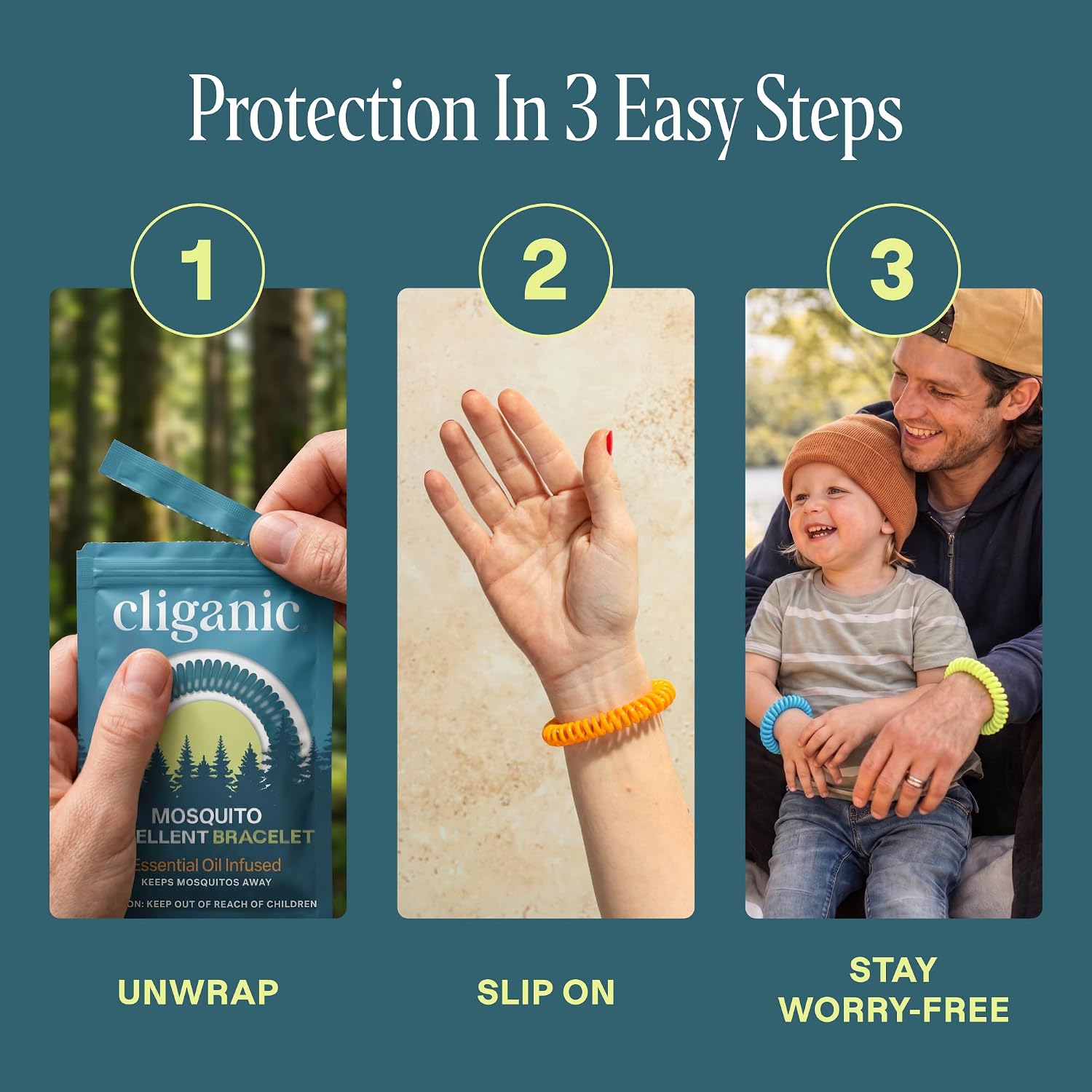Cliganic 10 Pack Mosquito Repellent Bracelets for Adults & Kids - Natural DEET-Free Bands, Individually Wrapped