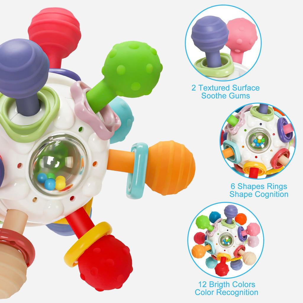 Baby Montessori Sensory Teething Toy 0-6 6-12 Months, Teether Ball & Rattle | 12 Textured Silicone Teething Ball, BPA Free, Easy to Hold, Infant Developmental Toys for 3 6 9 12 Months, Newborn Gifts