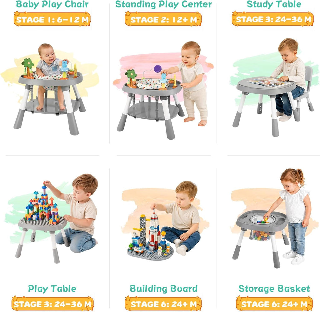 6-in-1 Baby Activity Center Stationary Standing Activity Table Light White | Grows 6-12-36M! 4-Stage Montessori Secure-Snap Toys & Hidden Storage. Enjoy 20-min Coffee Time While Toddler Plays Safely.