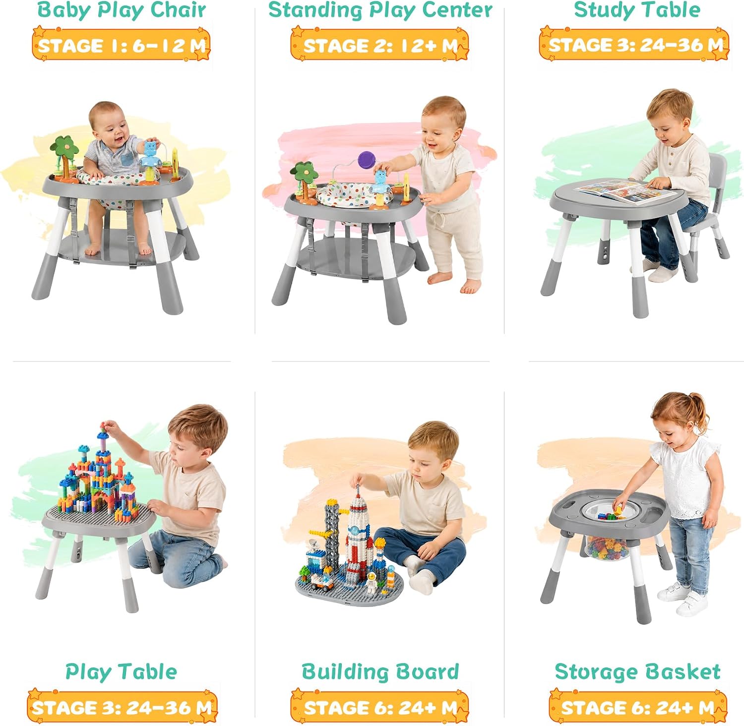 6-in-1 Baby Activity Center Stationary Standing Activity Table Light White | Grows 6-12-36M! 4-Stage Montessori Secure-Snap Toys & Hidden Storage. Enjoy 20-min Coffee Time While Toddler Plays Safely.