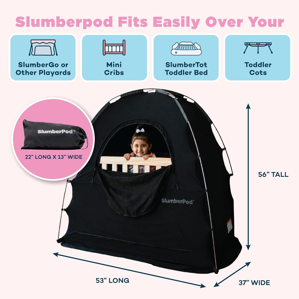 SlumberPod The Original Blackout Sleep Tent for Pack N Play & Mini Crib | Sleep Pod for Babies & Toddlers, Blocks 99% Light, Includes Monitor & Fan Pouches, Bottomless, Shark Tank Featured, Black