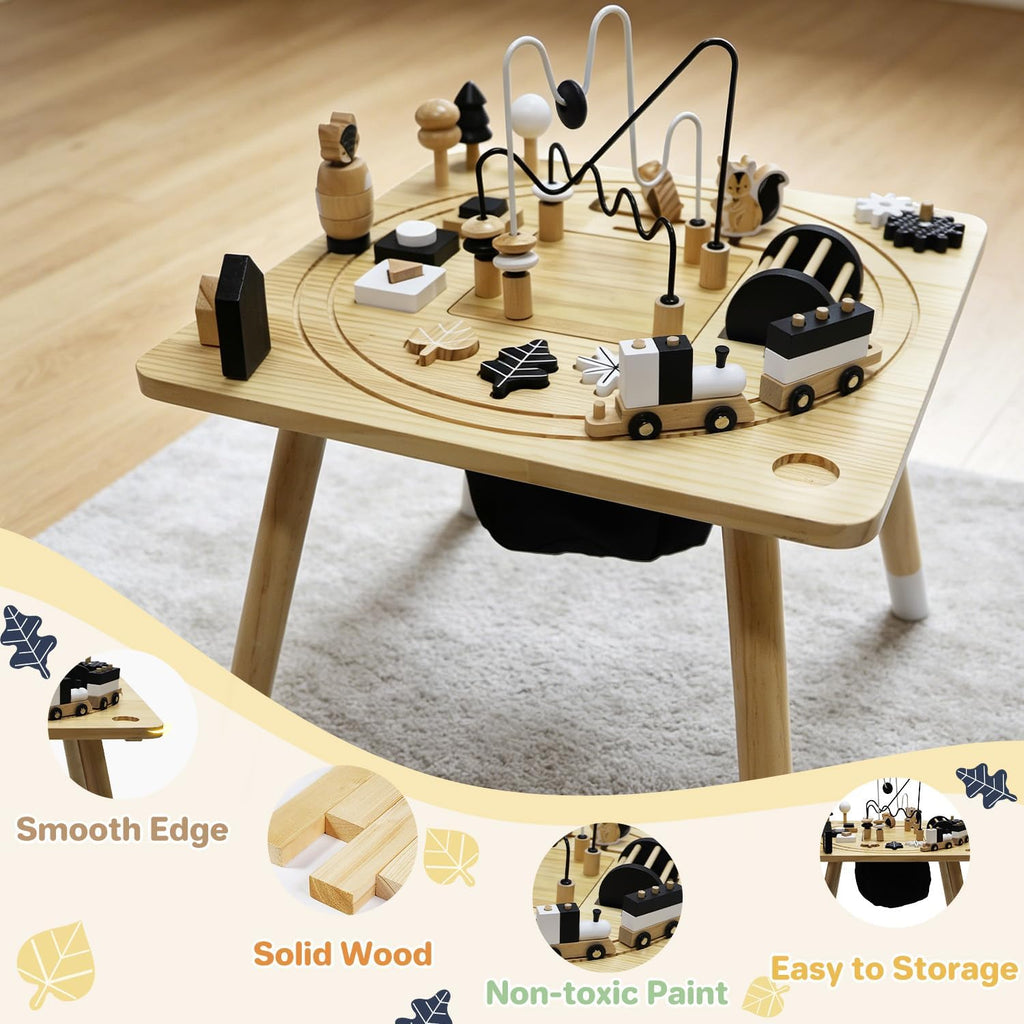 Wooden Montessori Activity Table for Toddlers 1-3, Kids Play Sensory Toy Table, Activity Center with Bead Maze, Shape Sorter, Train Track, Educational Learning Toys for Girls Boys