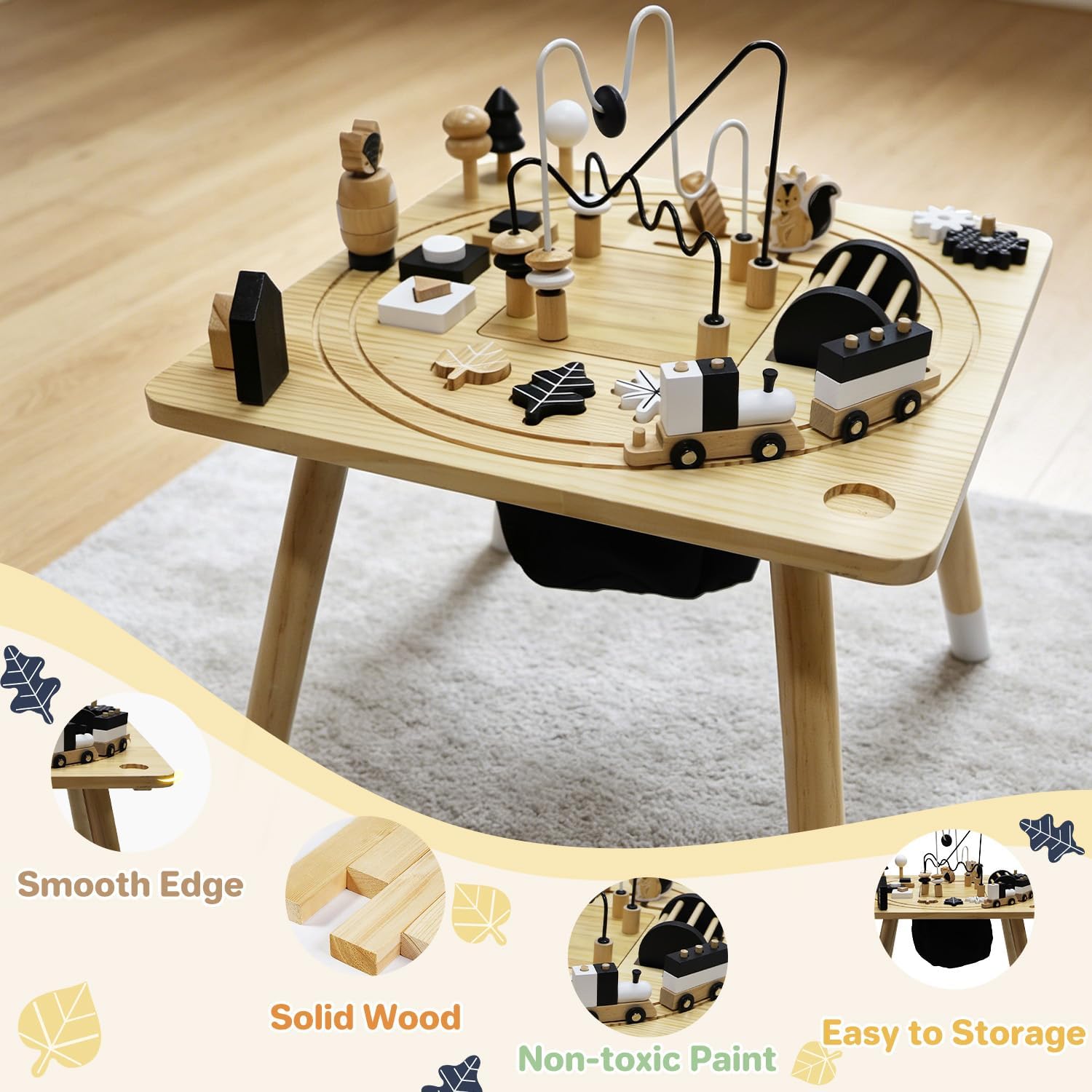 Wooden Montessori Activity Table for Toddlers 1-3, Kids Play Sensory Toy Table, Activity Center with Bead Maze, Shape Sorter, Train Track, Educational Learning Toys for Girls Boys