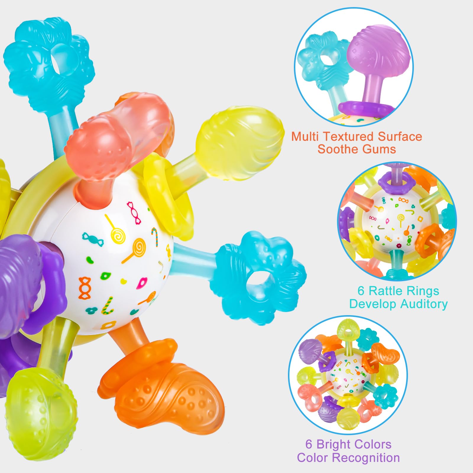 Baby Montessori Sensory Teething Toy 0-6 6-12 Months, Teether Ball & Rattle | 12 Textured Silicone Teething Ball, BPA Free, Easy to Hold, Infant Developmental Toys for 3 6 9 12 Months, Newborn Gifts