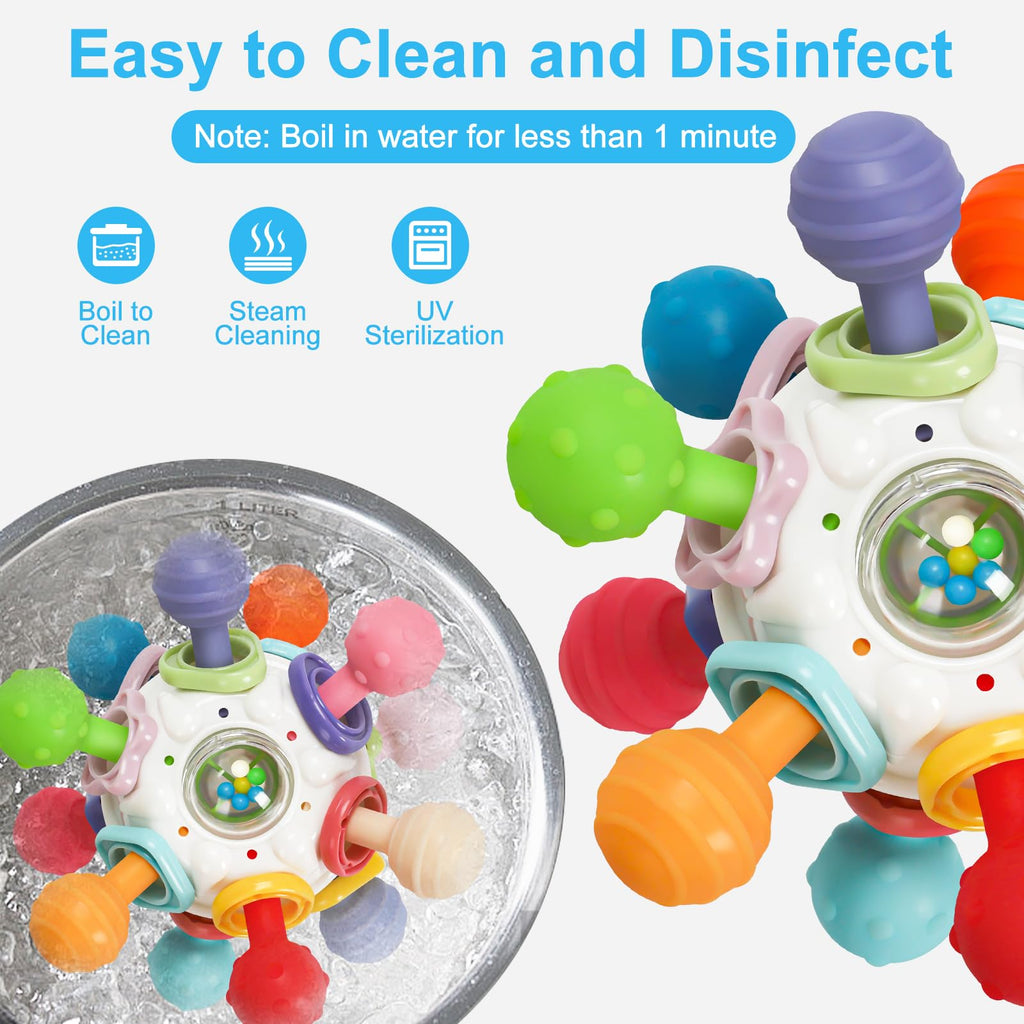 Baby Montessori Sensory Teething Toy 0-6 6-12 Months, Teether Ball & Rattle | 12 Textured Silicone Teething Ball, BPA Free, Easy to Hold, Infant Developmental Toys for 3 6 9 12 Months, Newborn Gifts