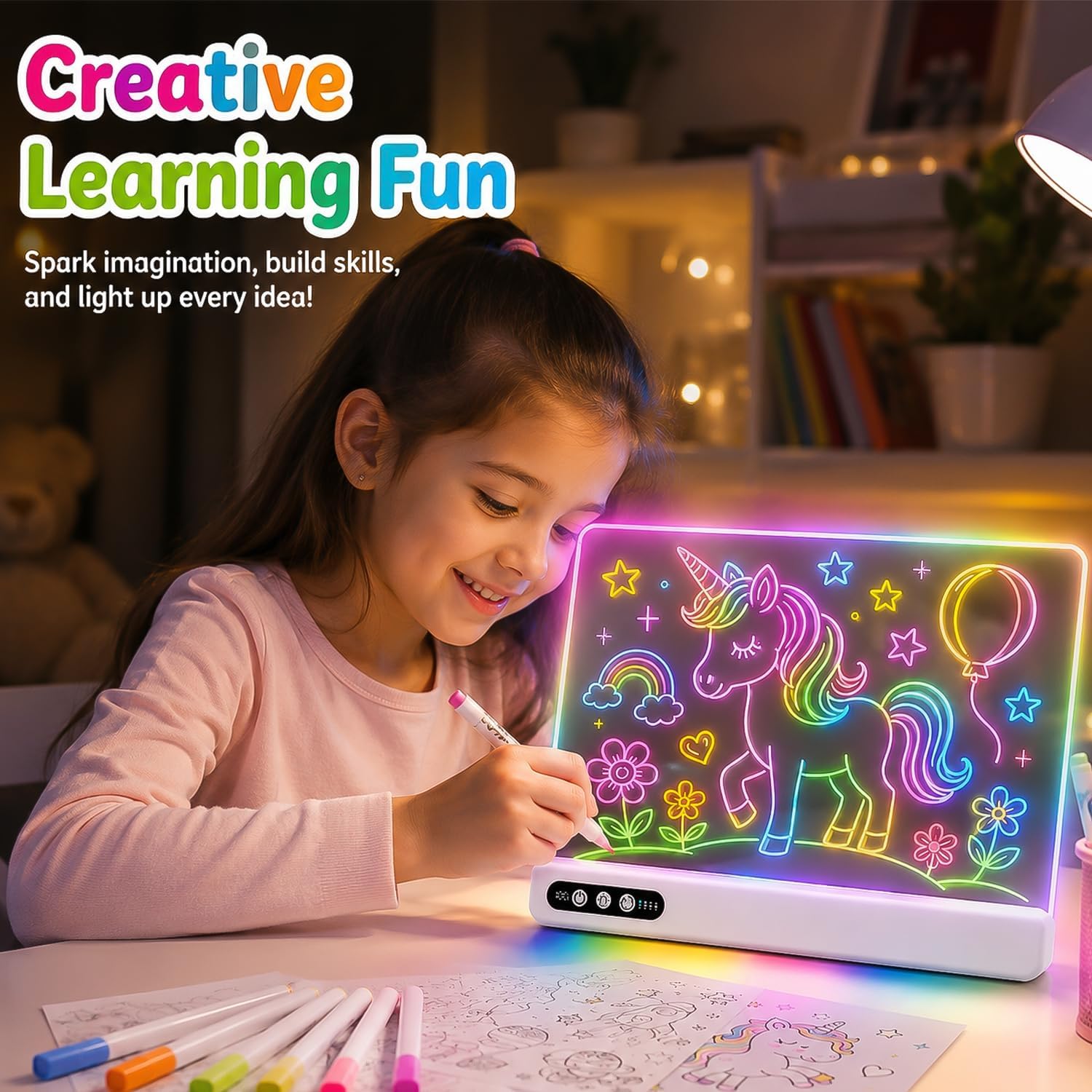 Led Drawing Board with 14 Light Effects,16" Rechargeable Glow Doodle Led Note Board with Colorful Markers,Neon Art Dry Erase Doodle Glow Drawing Tablet,Chritmas Birthday Festival Gifts for Kid (White)