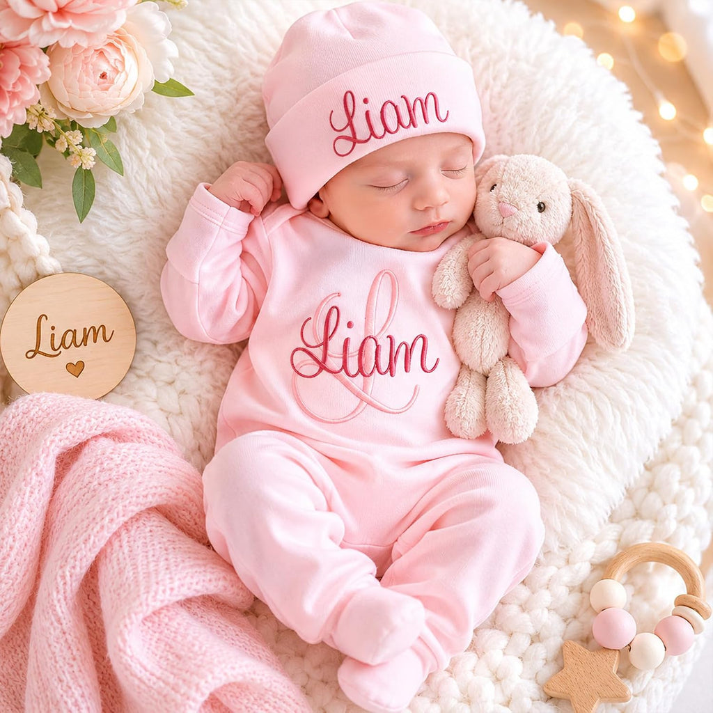 Custom Name Baby Romper Bodysuit Set Personalized Embroidery Newborn Coming Home Outfit with Hat, Soft Cotton Infant Sleepwear for Baby Shower Pregnancy Reveal
