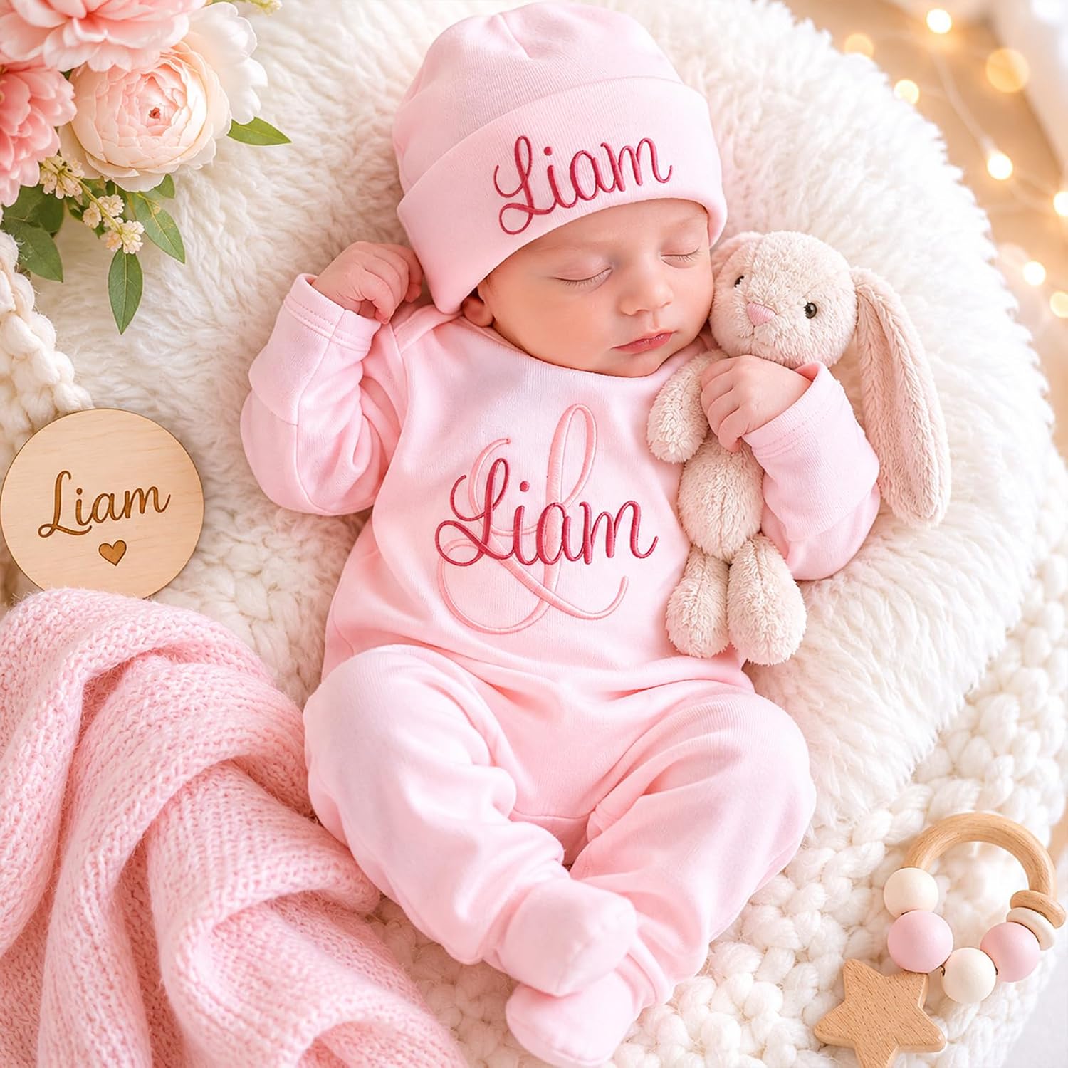 Custom Name Baby Romper Bodysuit Set Personalized Embroidery Newborn Coming Home Outfit with Hat, Soft Cotton Infant Sleepwear for Baby Shower Pregnancy Reveal