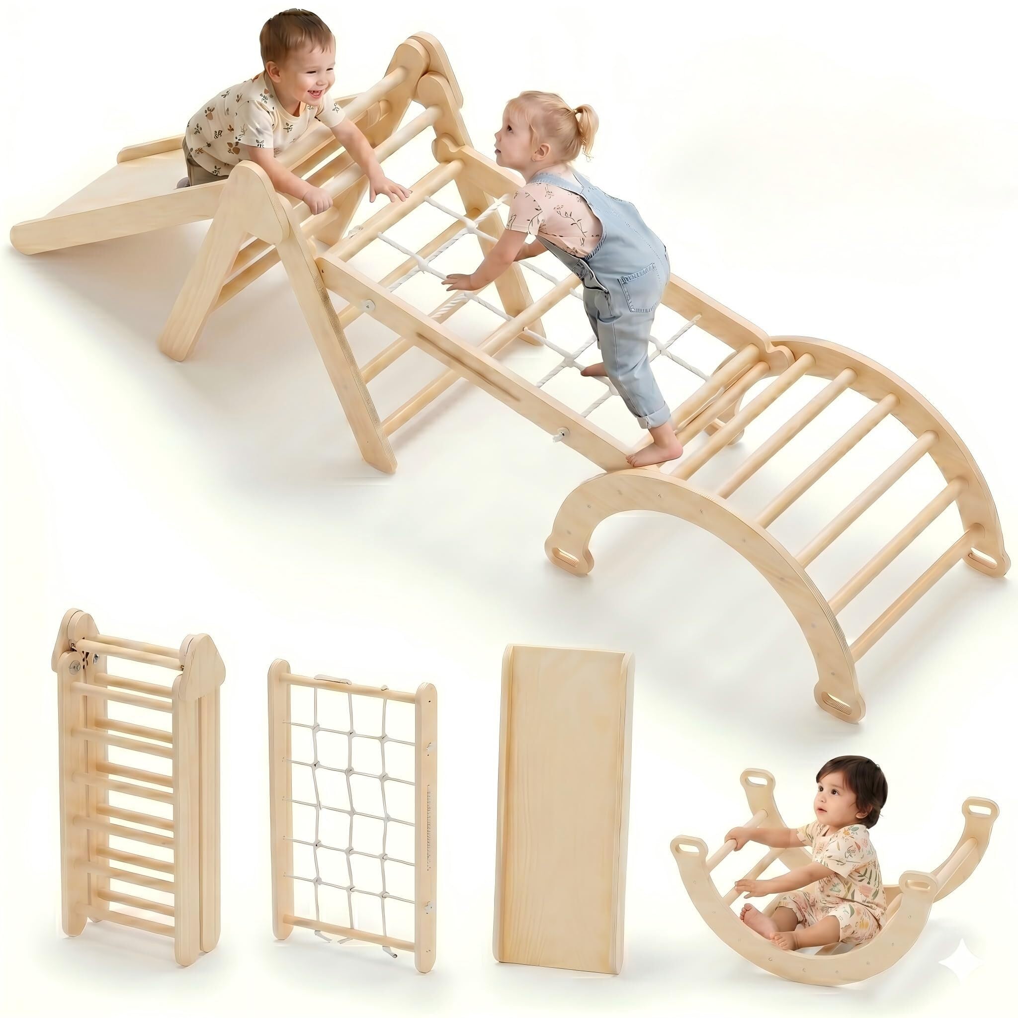 Pikler Triangle Set Montessori: Solid Wood Indoor Climbing Gym with Climbing Ramp Arch Slide for Toddlers Kids Home Playground 1-6 Years