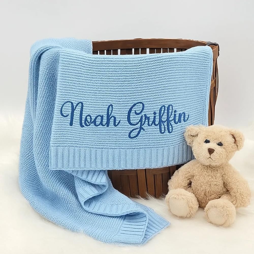 Luxury Personalized Name Baby Blanket, Hand-Embroidered Name Baby Blanket, Soft Breathable Cotton Knit Kids Blankets, Newborn Kid Gift, New Mom Gifts, Newborn Kids Girl & Boy Gift 10