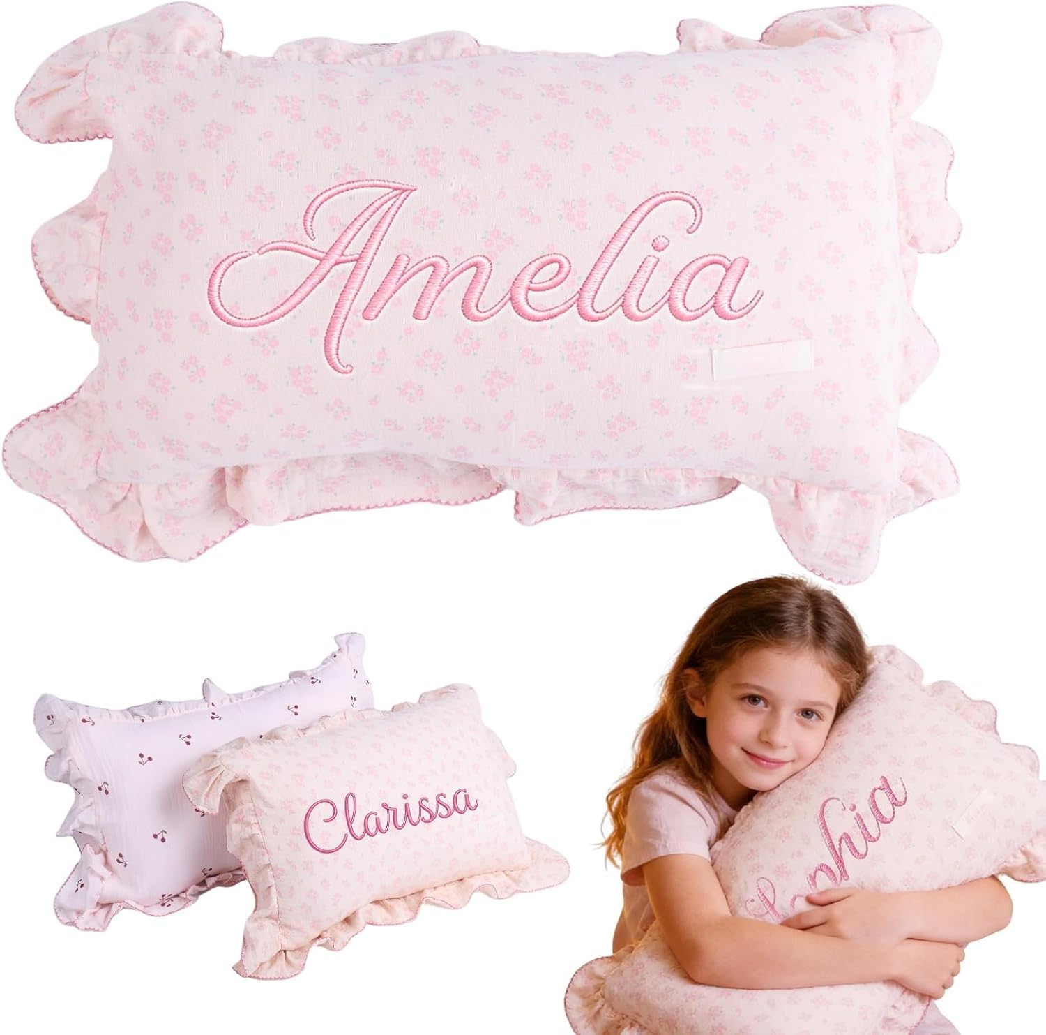 Personalized Embroidered Muslin Toddler Pillowcase with Custom Name | 100% Cotton Ruffle Edge Baby Pillows Cover, Monogram Soft Pillow Case 12"x20" with Envelope Closure Gifts for Kids Boy Girls