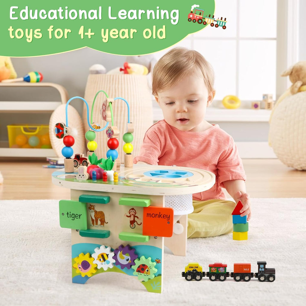 Activity Table for 1 Year Old Montessori Educational Learning Toys for 1 2 Year Old Girls Boys Toddlers Baby 12-18 Months 1st First Birthday Gifts 10 in 1 Wooden Bead Maze Sensory Center Toys