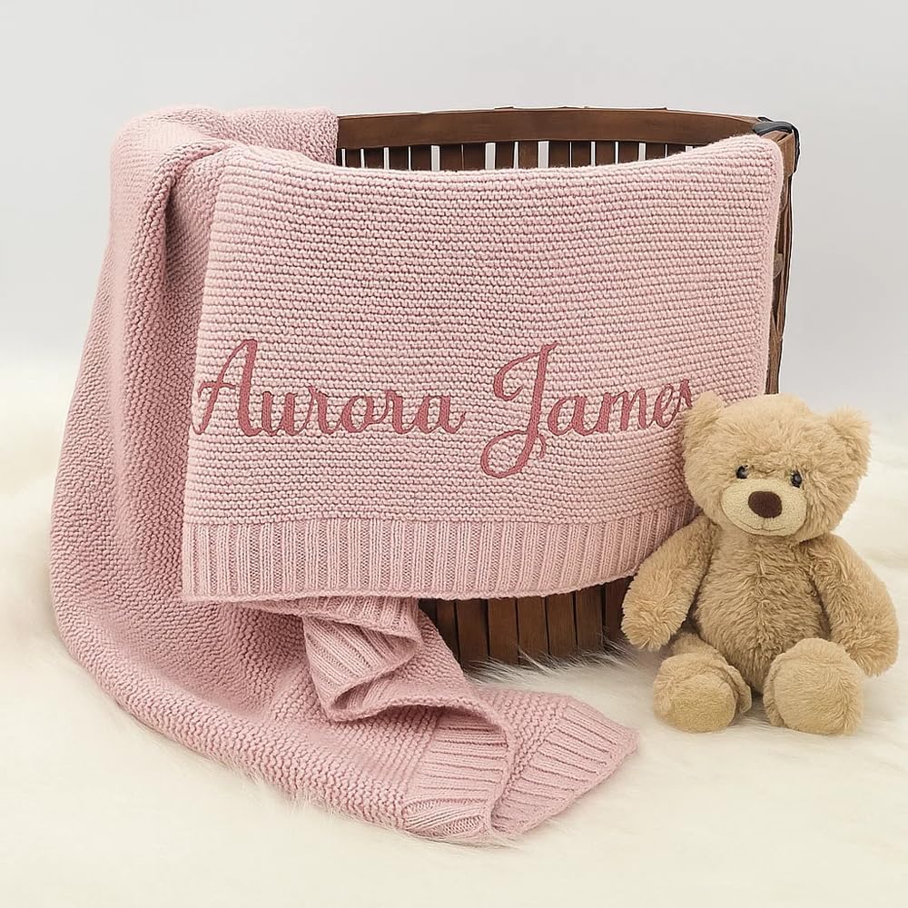 Luxury Personalized Name Baby Blanket, Hand-Embroidered Name Baby Blanket, Soft Breathable Cotton Knit Kids Blankets, Newborn Kid Gift, New Mom Gifts, Newborn Kids Girl & Boy Gift 10
