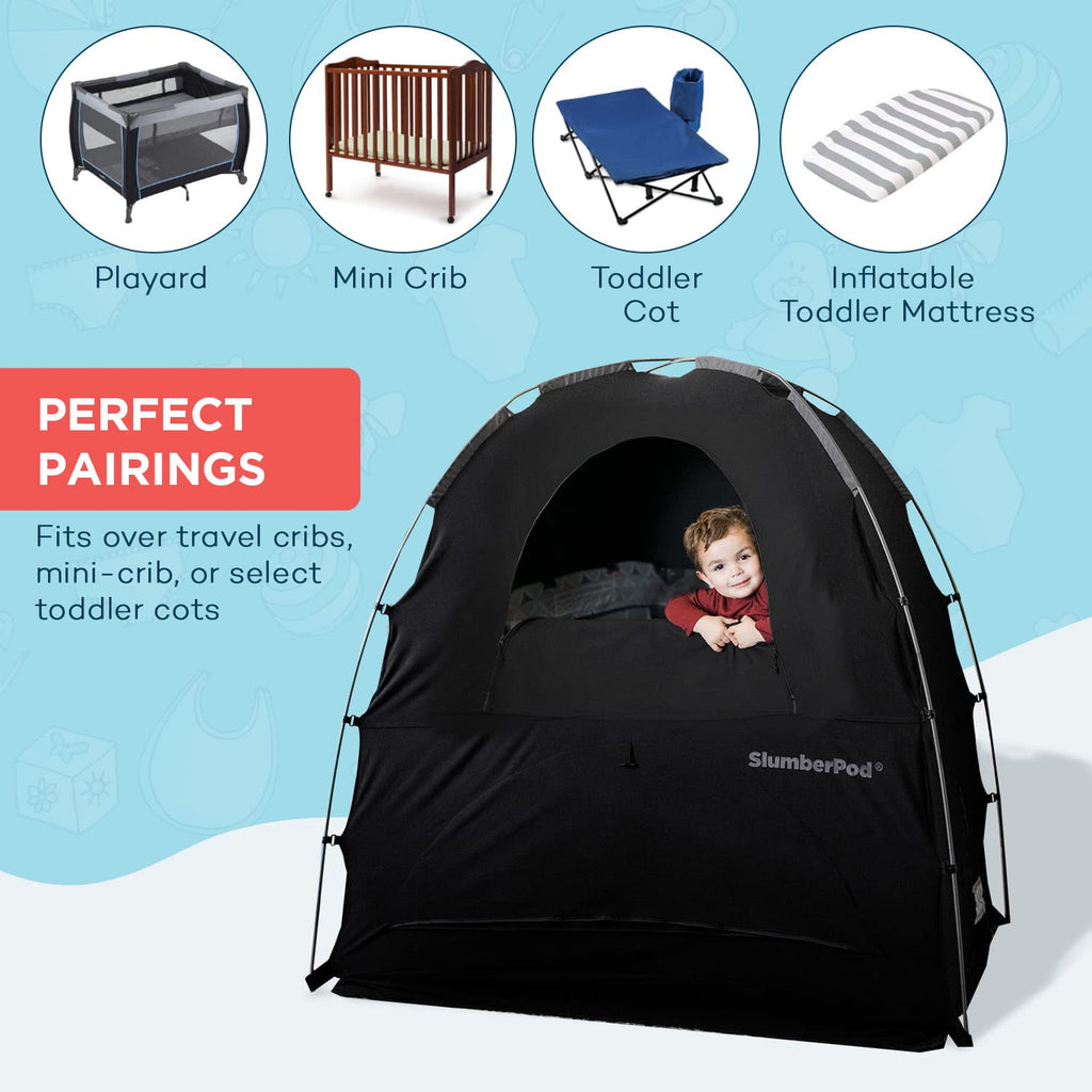 SlumberPod The Original Blackout Sleep Tent for Pack N Play & Mini Crib | Sleep Pod for Babies & Toddlers, Blocks 99% Light, Includes Monitor & Fan Pouches, Bottomless, Shark Tank Featured, Black