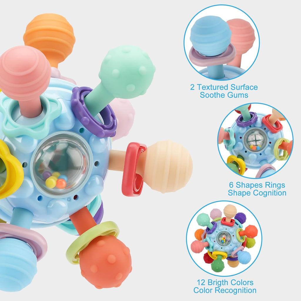 Baby Montessori Sensory Teething Toy 0-6 6-12 Months, Teether Ball & Rattle | 12 Textured Silicone Teething Ball, BPA Free, Easy to Hold, Infant Developmental Toys for 3 6 9 12 Months, Newborn Gifts