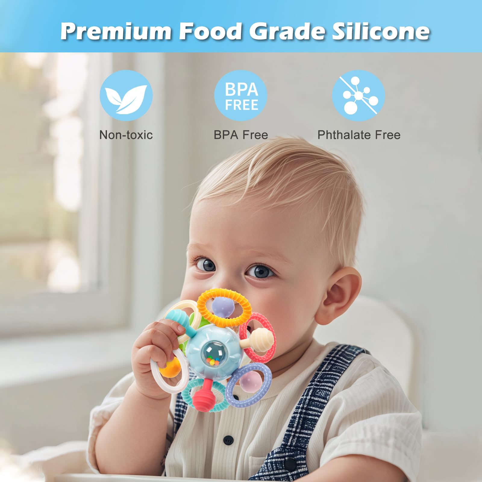 Baby Montessori Sensory Teething Toy 0-6 6-12 Months, Teether Ball & Rattle | 12 Textured Silicone Teething Ball, BPA Free, Easy to Hold, Infant Developmental Toys for 3 6 9 12 Months, Newborn Gifts