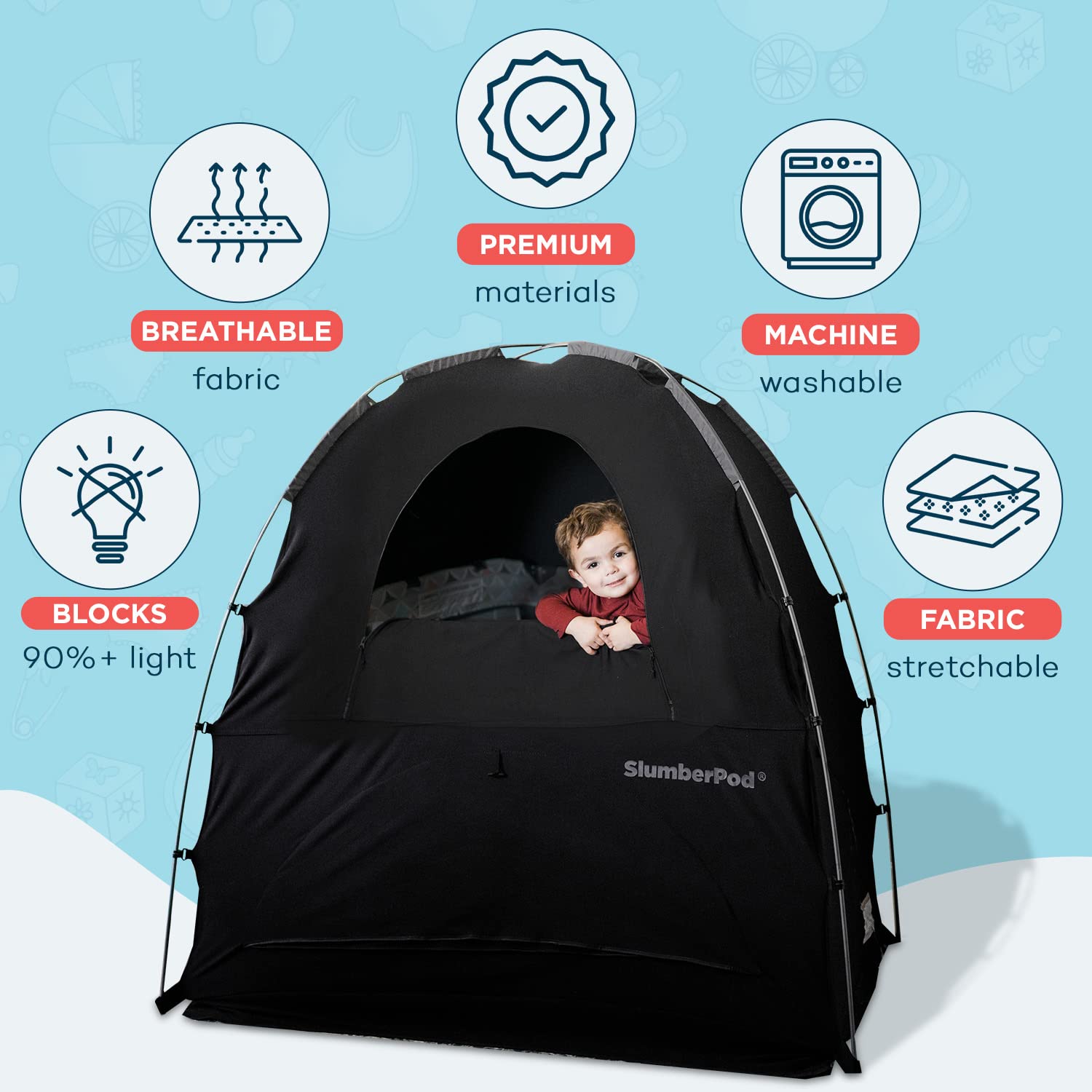 SlumberPod The Original Blackout Sleep Tent for Pack N Play & Mini Crib | Sleep Pod for Babies & Toddlers, Blocks 99% Light, Includes Monitor & Fan Pouches, Bottomless, Shark Tank Featured, Black