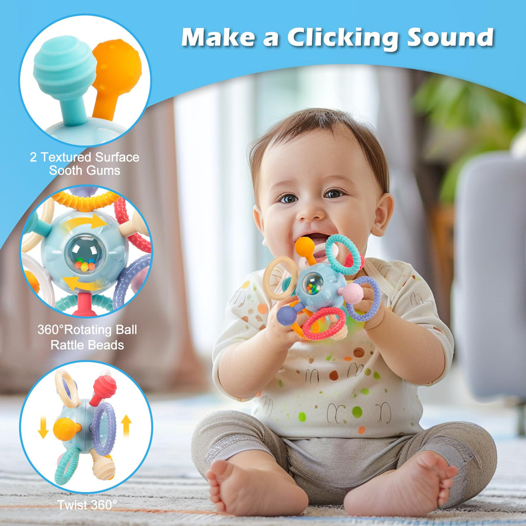Baby Montessori Sensory Teething Toy 0-6 6-12 Months, Teether Ball & Rattle | 12 Textured Silicone Teething Ball, BPA Free, Easy to Hold, Infant Developmental Toys for 3 6 9 12 Months, Newborn Gifts