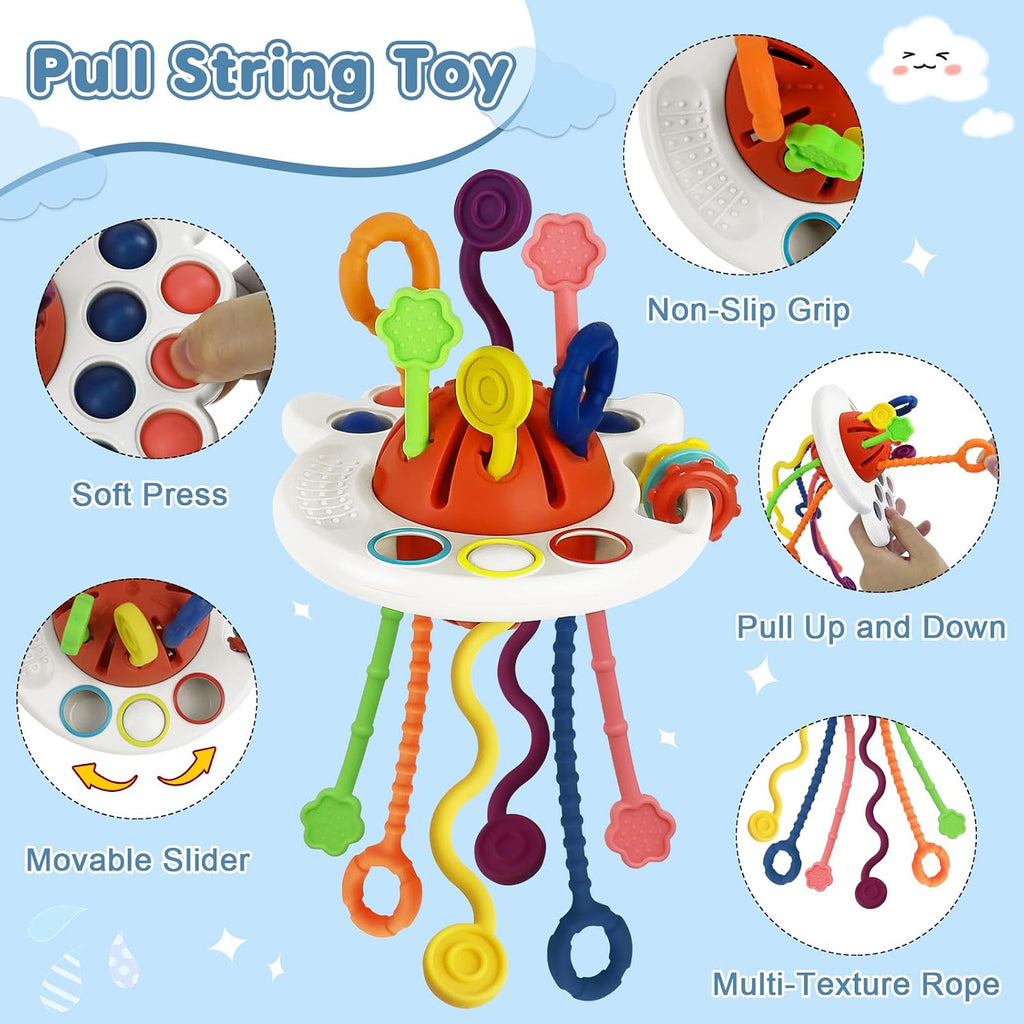 6 in 1 Montessori Baby Toys for 6-12 Months — Pull String Toy, Sensory Bin, Stacking Cups, Tissue Box, Suction Cup Spinner, Stacking Blocks, Infant Gift Set for 1-3 Year Old Boy Girls