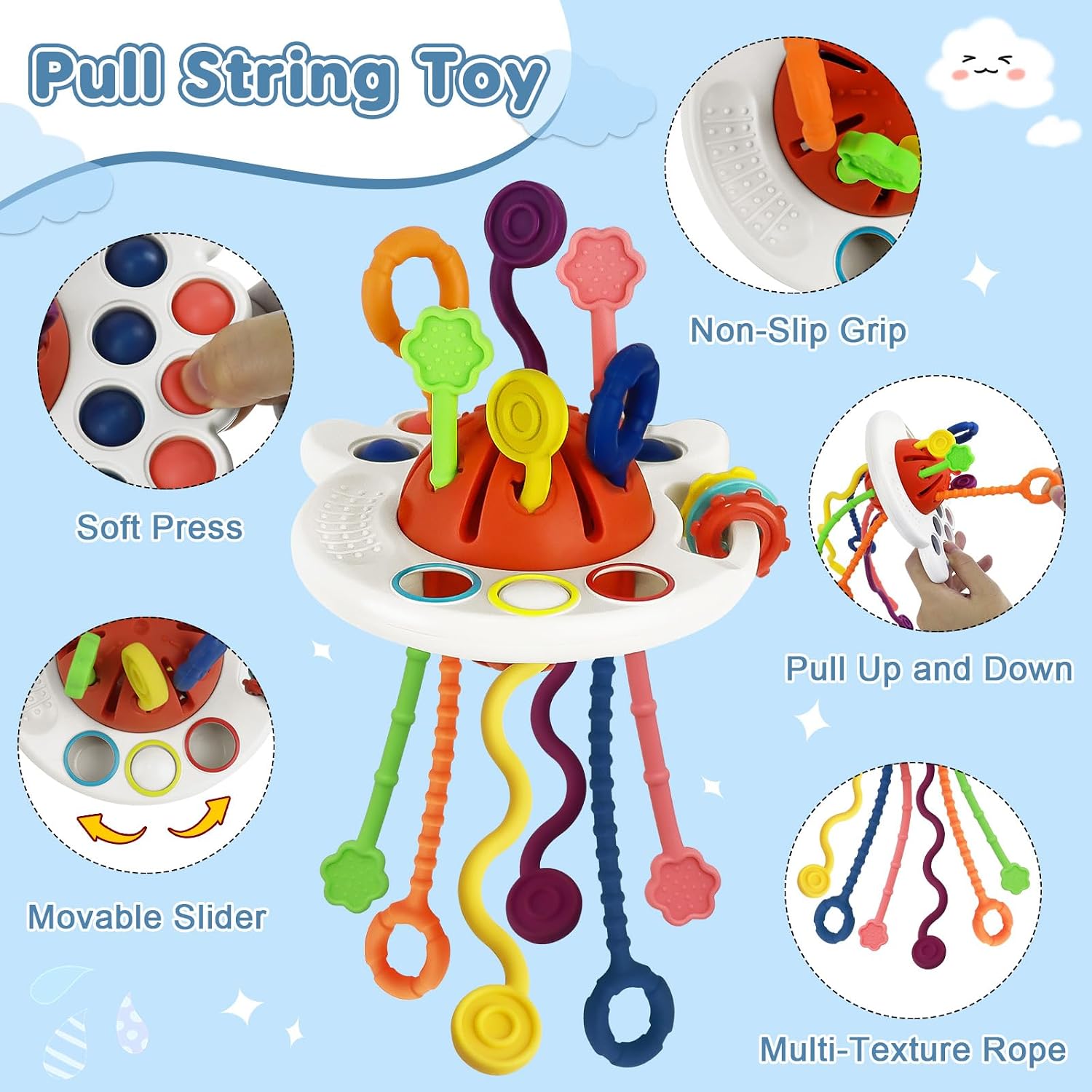 6 in 1 Montessori Baby Toys for 6-12 Months — Pull String Toy, Sensory Bin, Stacking Cups, Tissue Box, Suction Cup Spinner, Stacking Blocks, Infant Gift Set for 1-3 Year Old Boy Girls