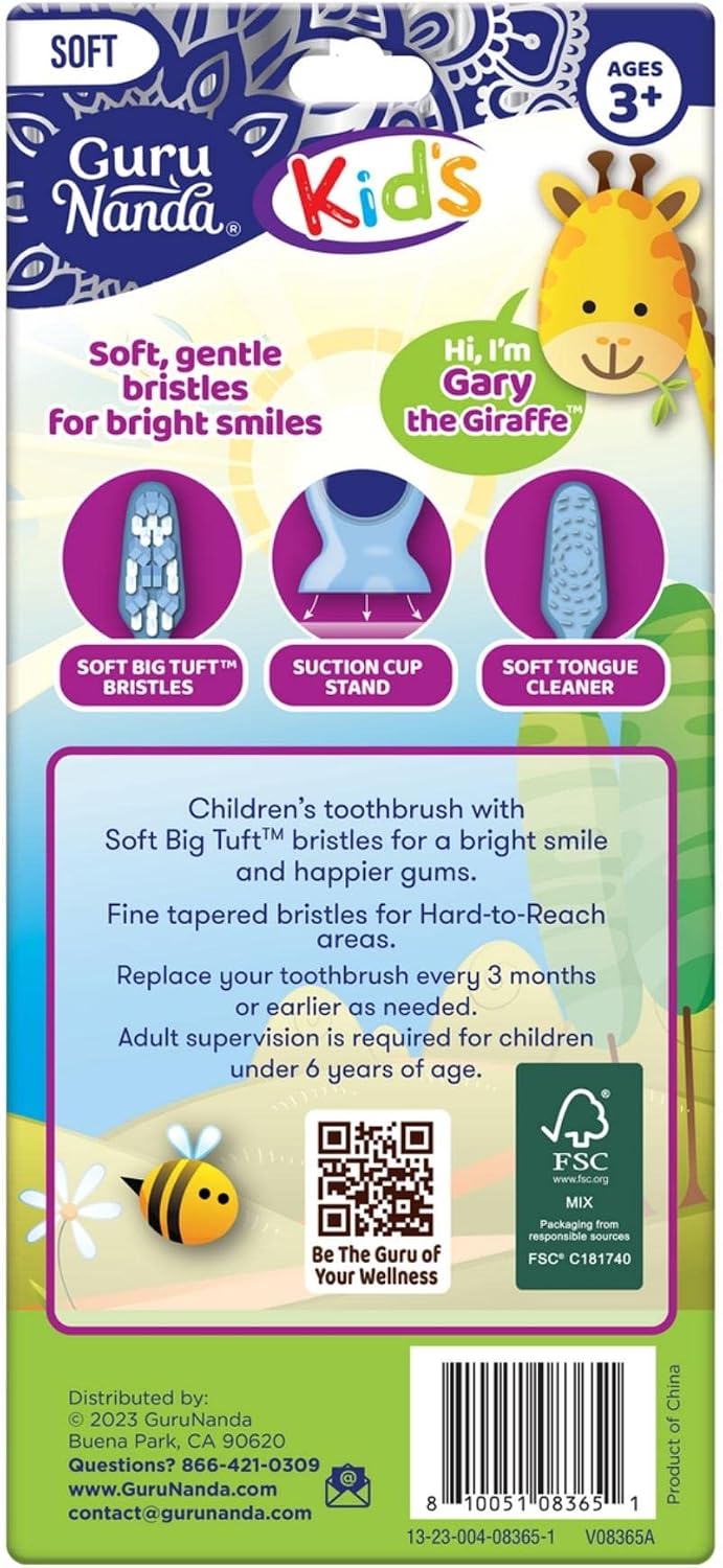 GuruNanda Kids Toothbrush with Suction Cup & Fun Animal Designs - Soft Bristles for Healthy Gums- Non-Slippery & Mess-Free Toothbrush, 3+ Age- 4 Count