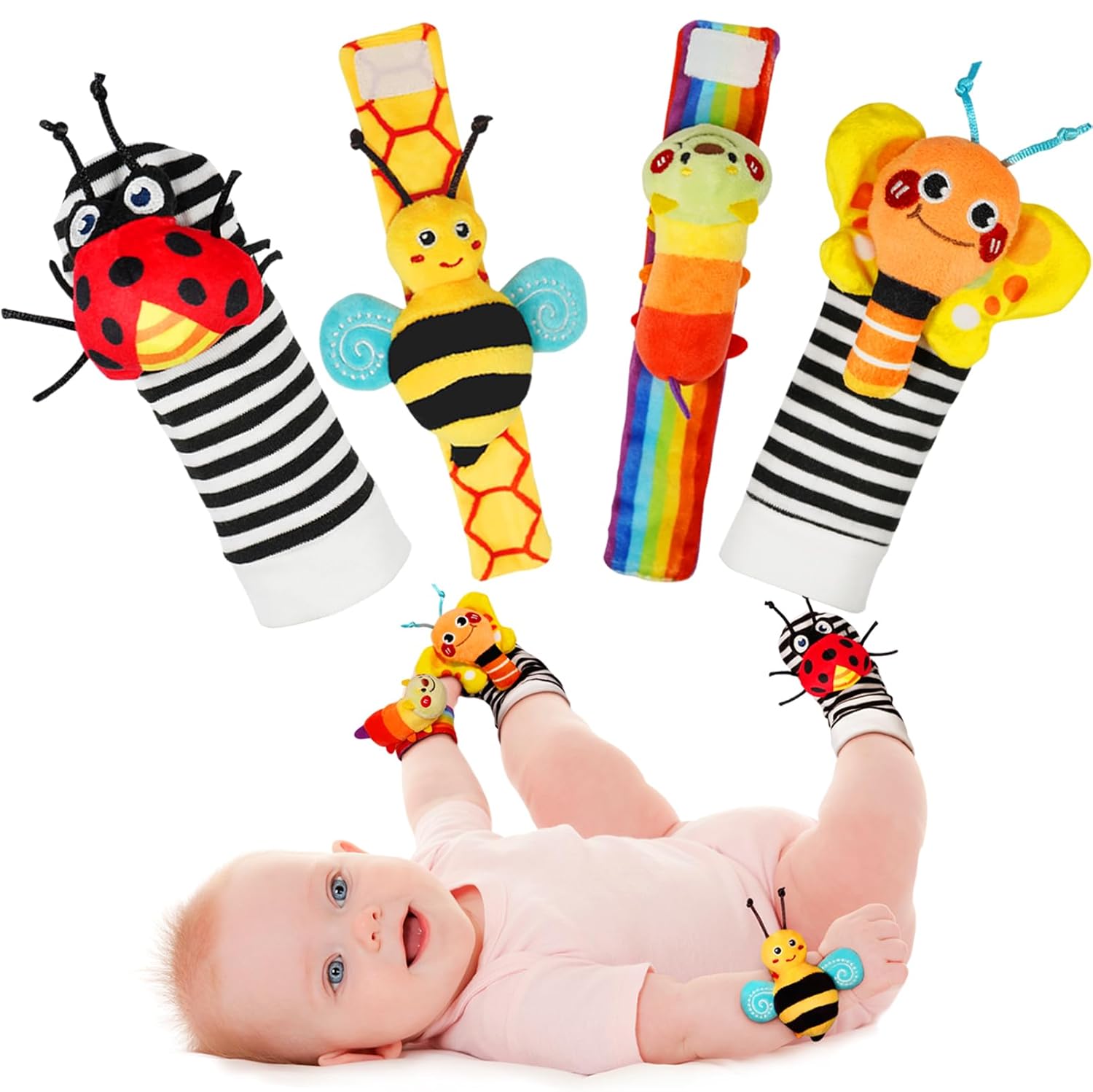 Infinno Wrist Rattles and Foot Finder Socks Set, Baby Toys for 0-12 Months | Soft crinkle textures, encourages reaching and kicking, garden bug characters, newborn shower gift, boys and girls