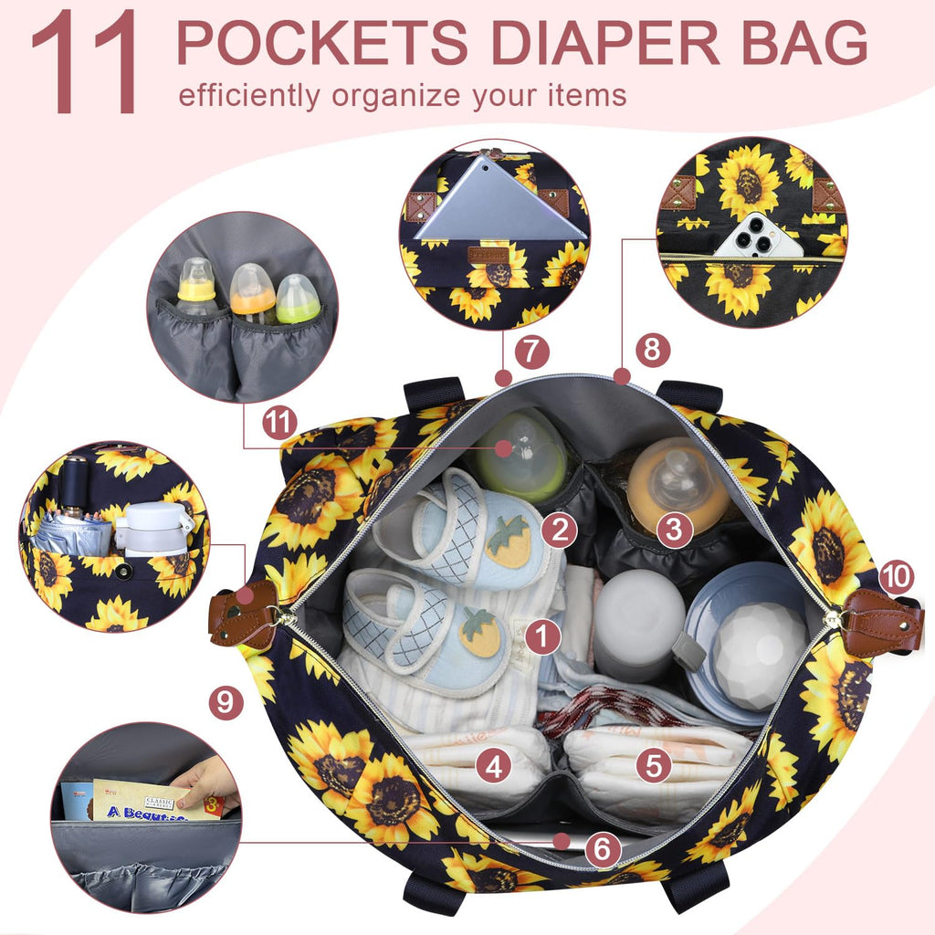 Pritent Diaper Bag Tote Waterproof Maternity Baby Bags with Pacifier Case | M-Black,Removable Shoulder Strap, Stroller Clips,Insulated Pocket,for Mom & Dad, Travel, Maternity, Labor and Delivery