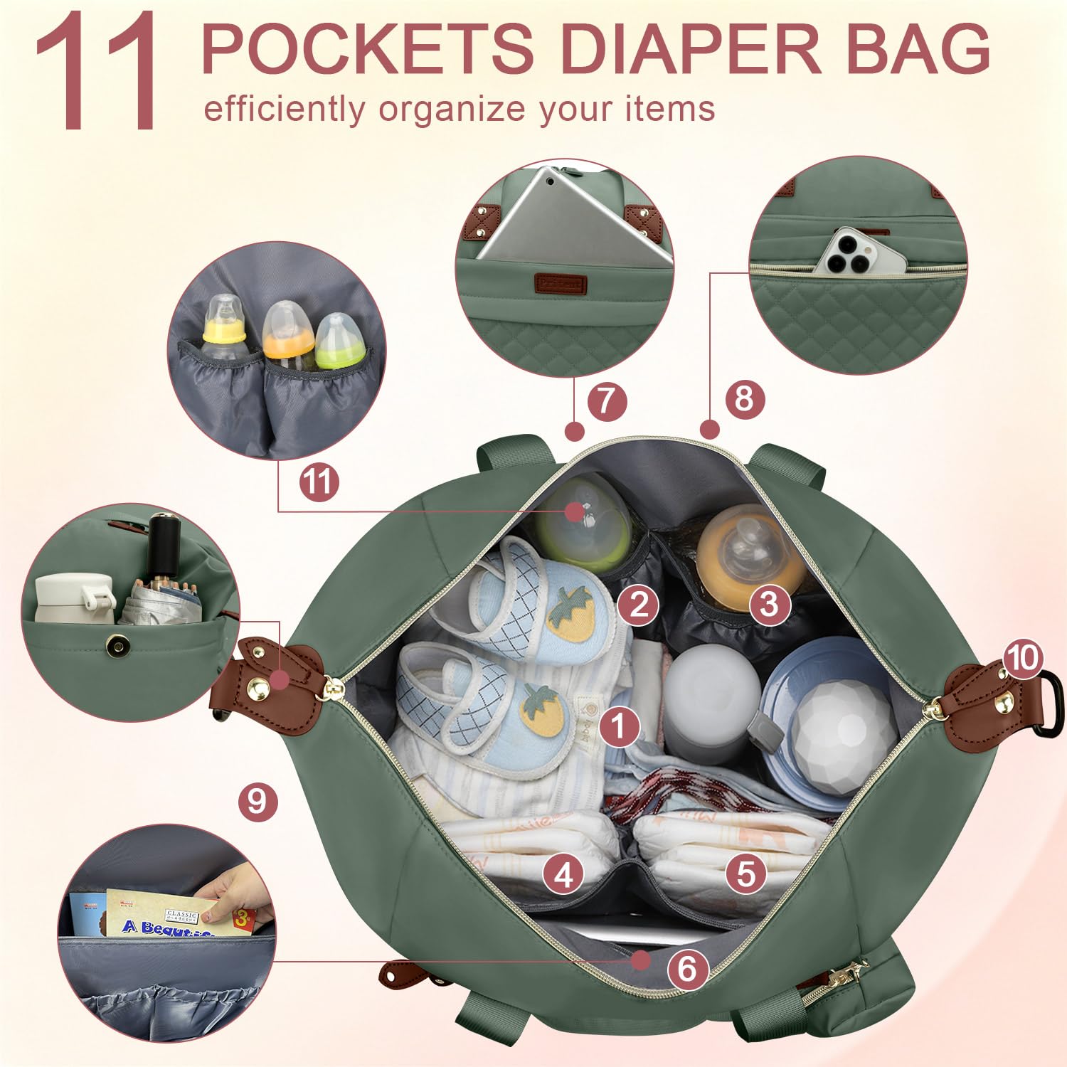 Pritent Diaper Bag Tote Waterproof Maternity Baby Bags with Pacifier Case | M-Black,Removable Shoulder Strap, Stroller Clips,Insulated Pocket,for Mom & Dad, Travel, Maternity, Labor and Delivery