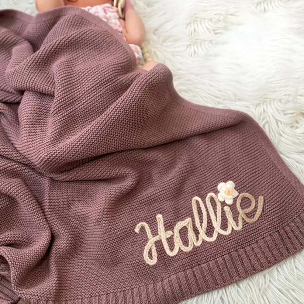 Luxury Personalized Name Baby Blanket, Hand-Embroidered Name Baby Blanket, Soft Breathable Cotton Knit Kids Blankets, Newborn Kid Gift, New Mom Gifts, Newborn Kids Girl & Boy Gift 10
