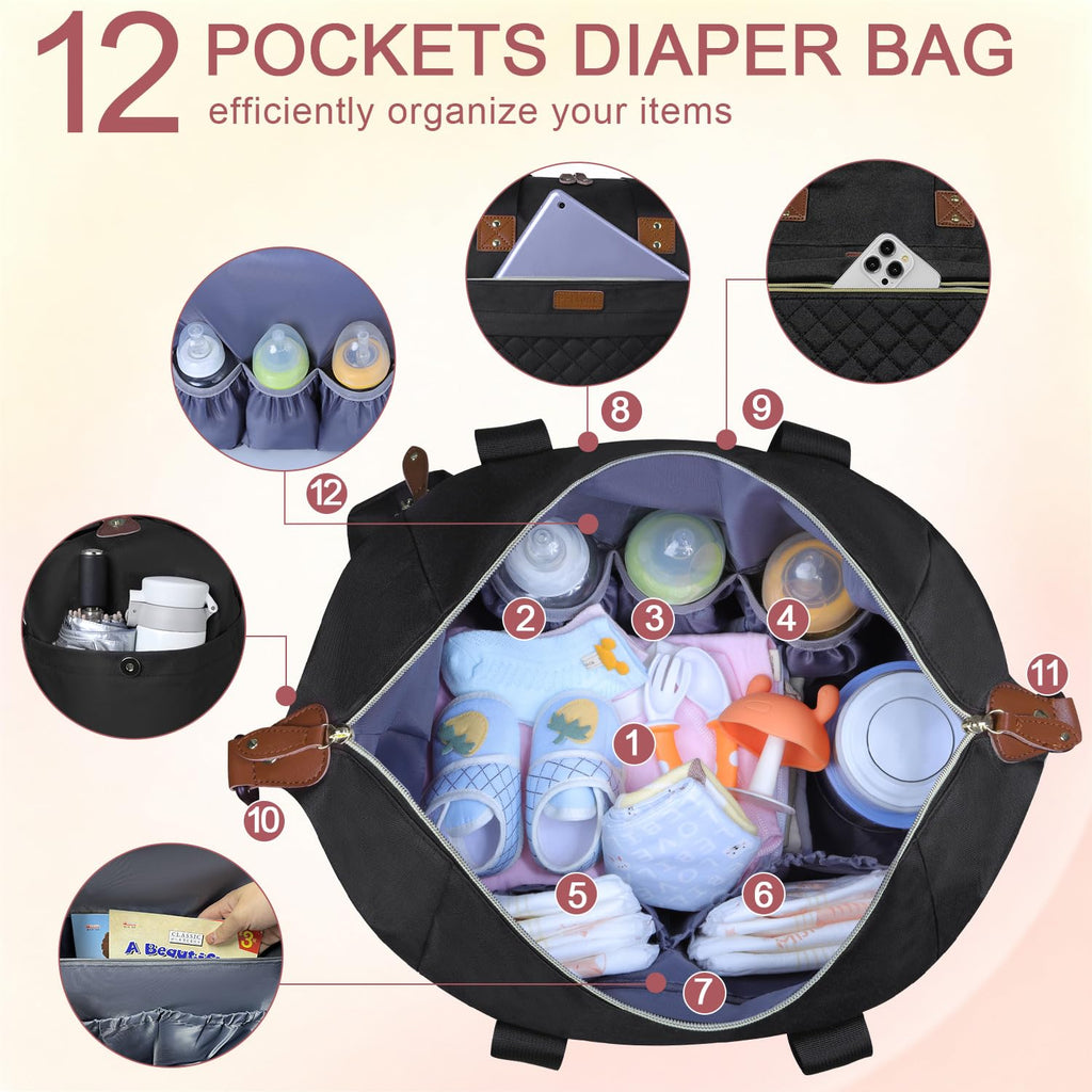 Pritent Diaper Bag Tote Waterproof Maternity Baby Bags with Pacifier Case | M-Black,Removable Shoulder Strap, Stroller Clips,Insulated Pocket,for Mom & Dad, Travel, Maternity, Labor and Delivery