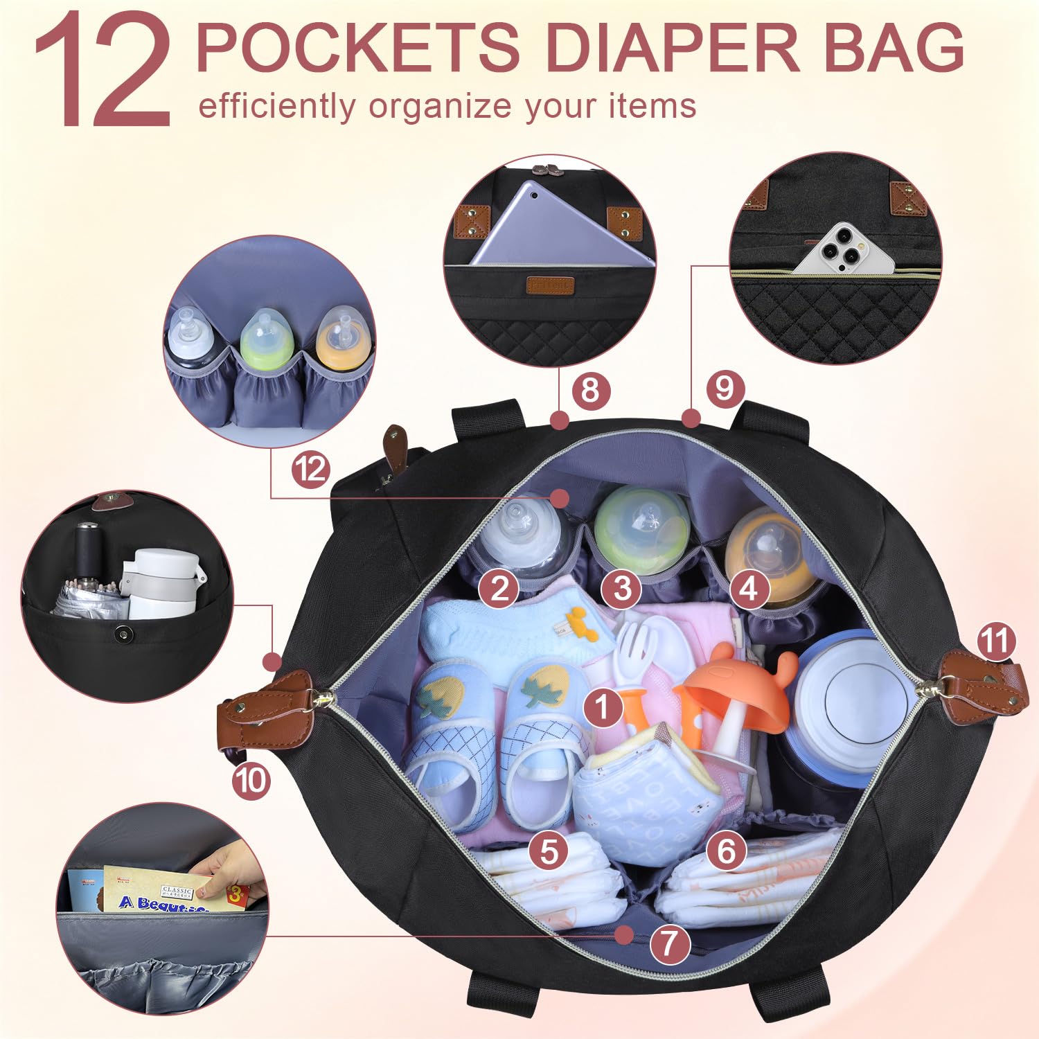 Pritent Diaper Bag Tote Waterproof Maternity Baby Bags with Pacifier Case | M-Black,Removable Shoulder Strap, Stroller Clips,Insulated Pocket,for Mom & Dad, Travel, Maternity, Labor and Delivery