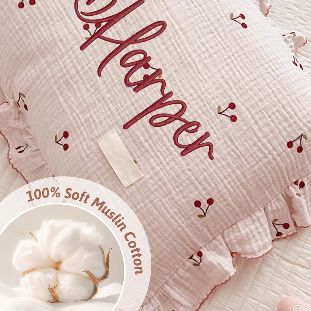 Personalized Embroidered Muslin Toddler Pillowcase with Custom Name | 100% Cotton Ruffle Edge Baby Pillows Cover, Monogram Soft Pillow Case 12"x20" with Envelope Closure Gifts for Kids Boy Girls