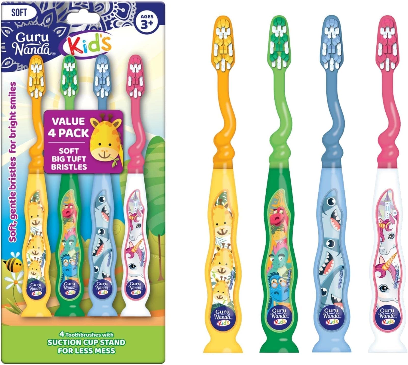 GuruNanda Kids Toothbrush with Suction Cup & Fun Animal Designs - Soft Bristles for Healthy Gums- Non-Slippery & Mess-Free Toothbrush, 3+ Age- 4 Count