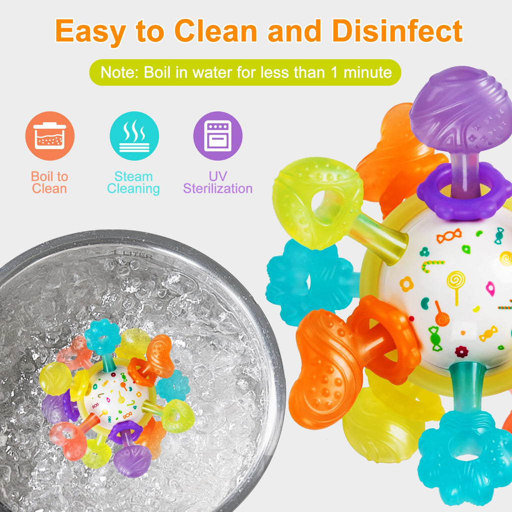Baby Montessori Sensory Teething Toy 0-6 6-12 Months, Teether Ball & Rattle | 12 Textured Silicone Teething Ball, BPA Free, Easy to Hold, Infant Developmental Toys for 3 6 9 12 Months, Newborn Gifts