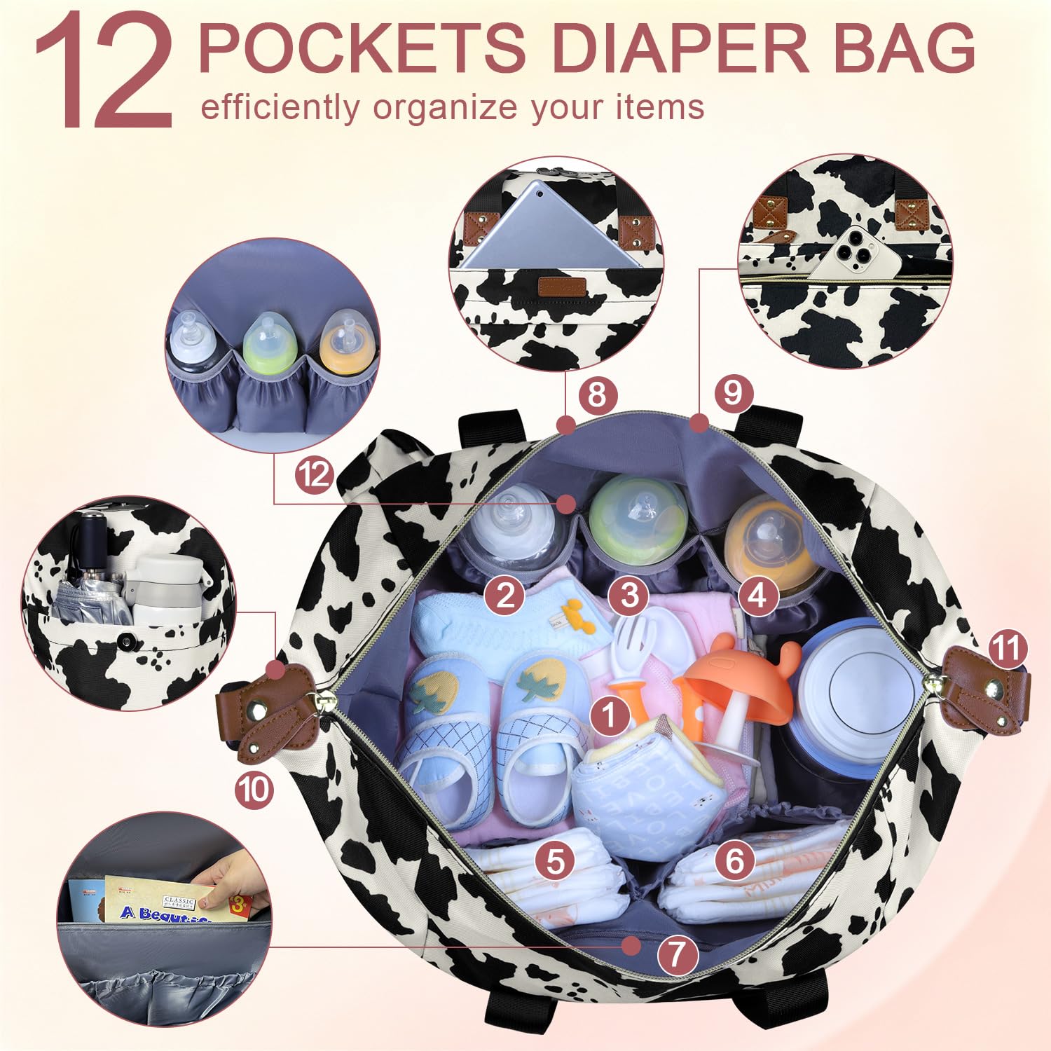 Pritent Diaper Bag Tote Waterproof Maternity Baby Bags with Pacifier Case | M-Black,Removable Shoulder Strap, Stroller Clips,Insulated Pocket,for Mom & Dad, Travel, Maternity, Labor and Delivery