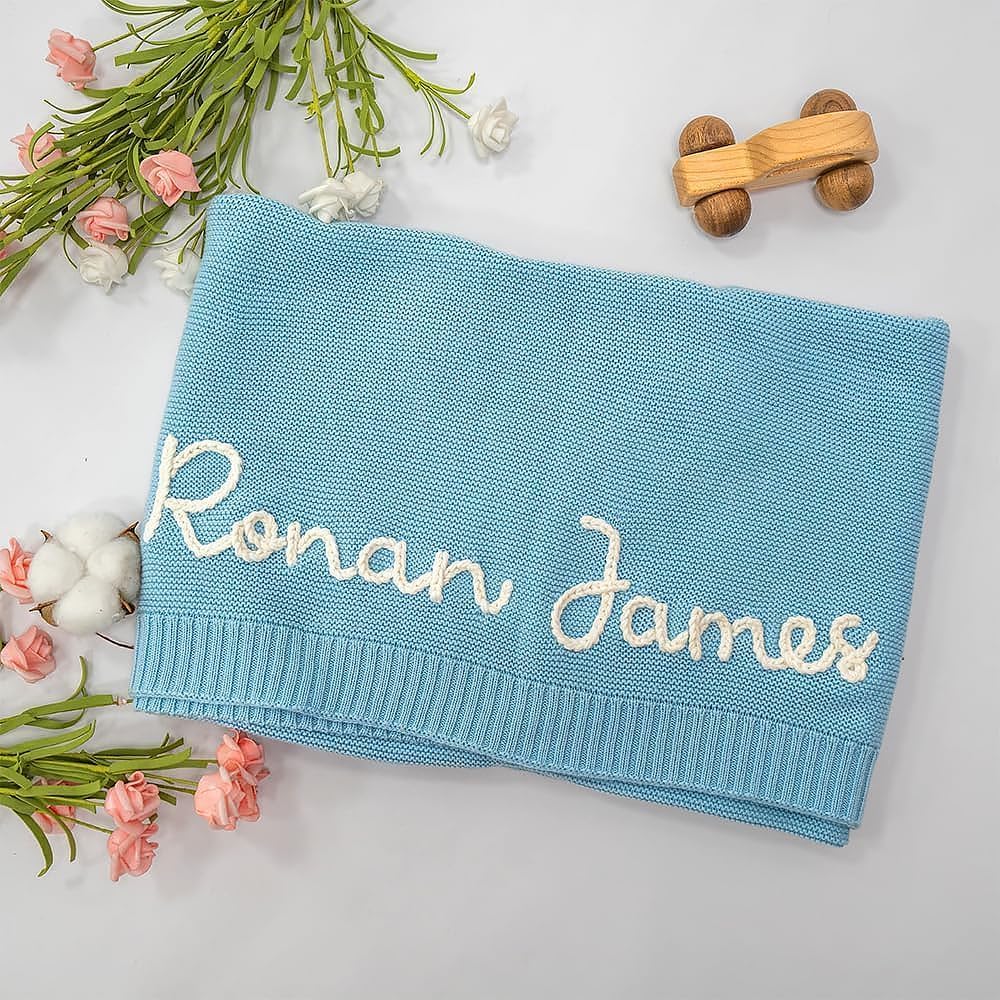 Luxury Personalized Name Baby Blanket, Hand-Embroidered Name Baby Blanket, Soft Breathable Cotton Knit Kids Blankets, Newborn Kid Gift, New Mom Gifts, Newborn Kids Girl & Boy Gift 10