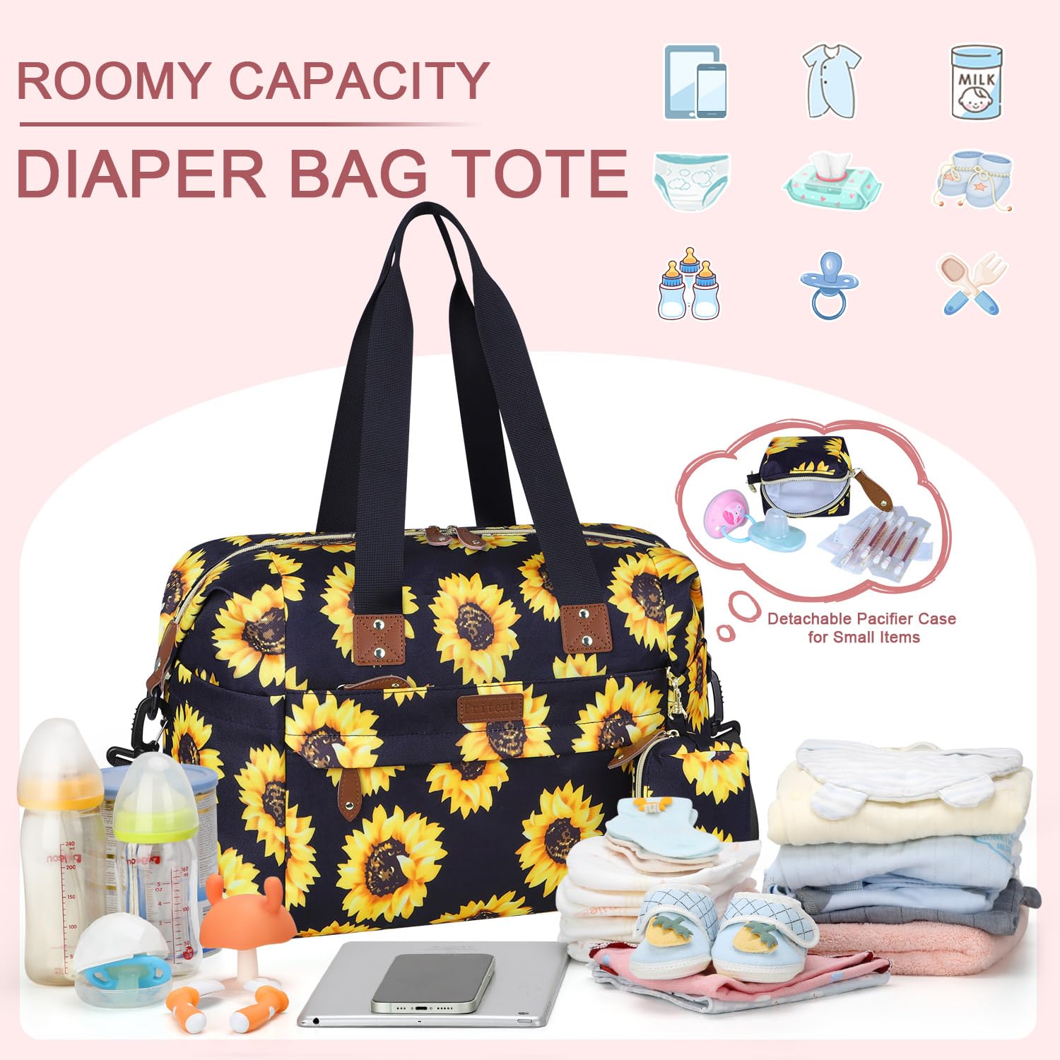 Pritent Diaper Bag Tote Waterproof Maternity Baby Bags with Pacifier Case | M-Black,Removable Shoulder Strap, Stroller Clips,Insulated Pocket,for Mom & Dad, Travel, Maternity, Labor and Delivery